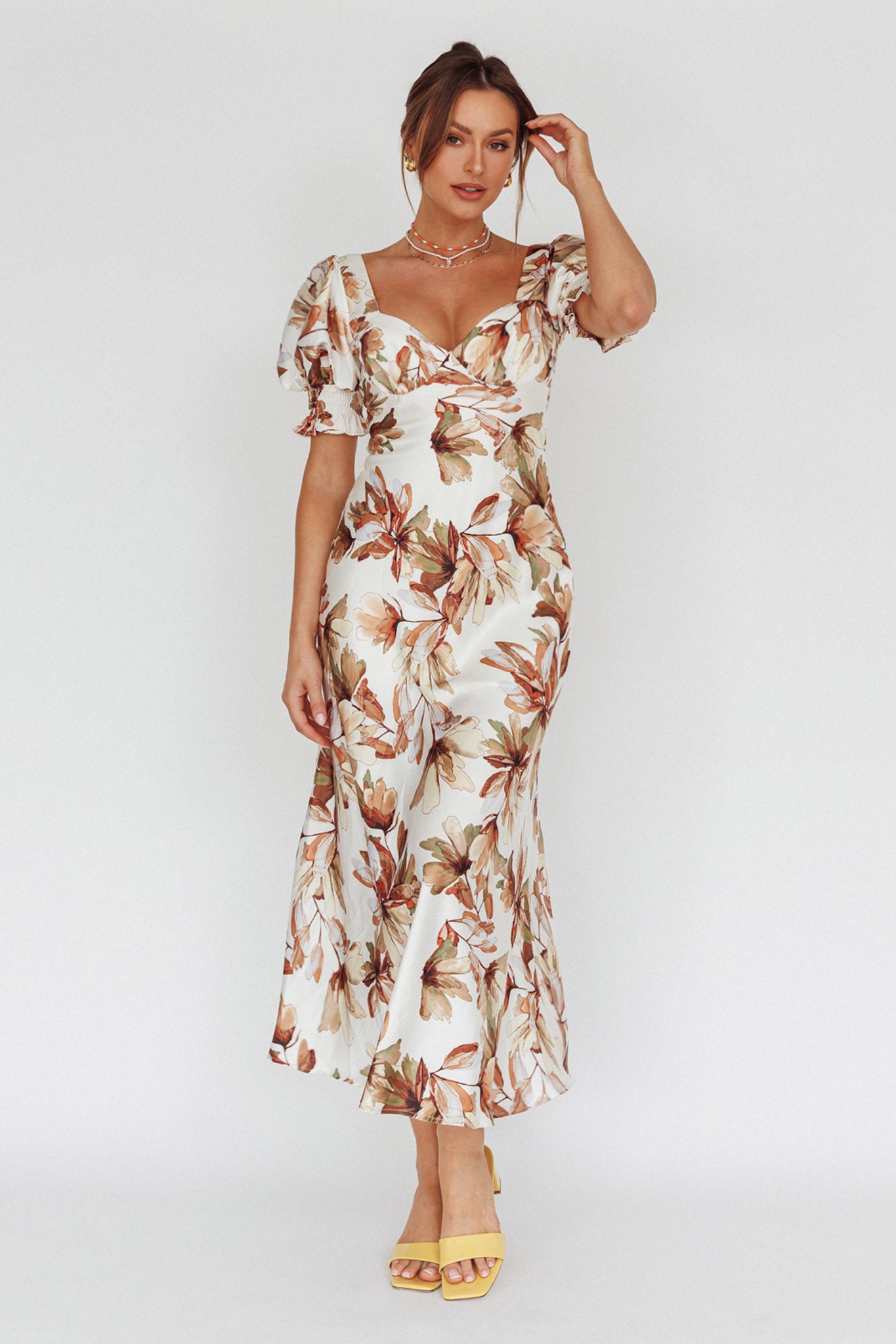 Brigita Tied Back Midi Dress Floral Brown by Selfie Leslie
