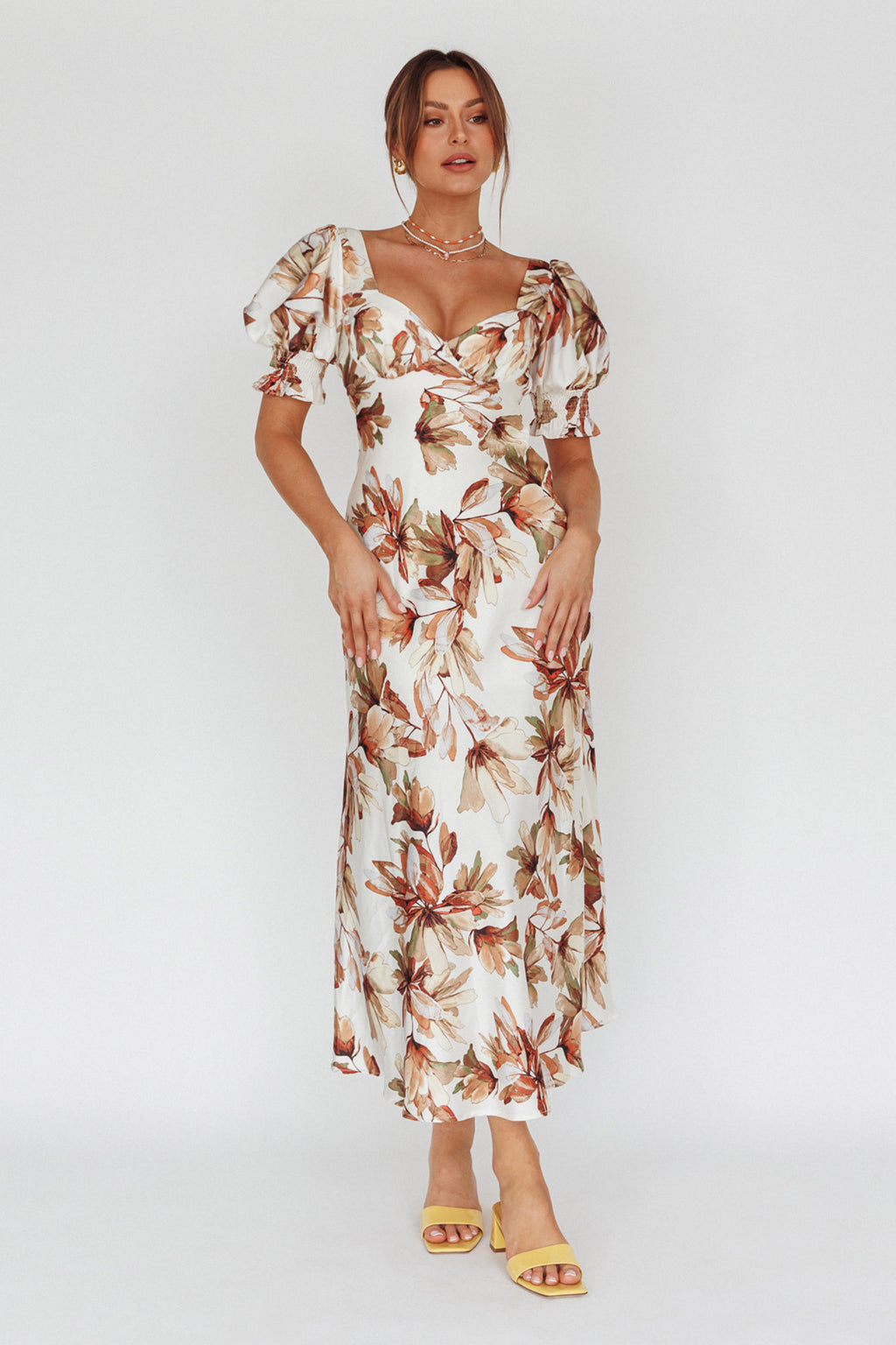 Brigita Tied Back Midi Dress Floral Brown by Selfie Leslie