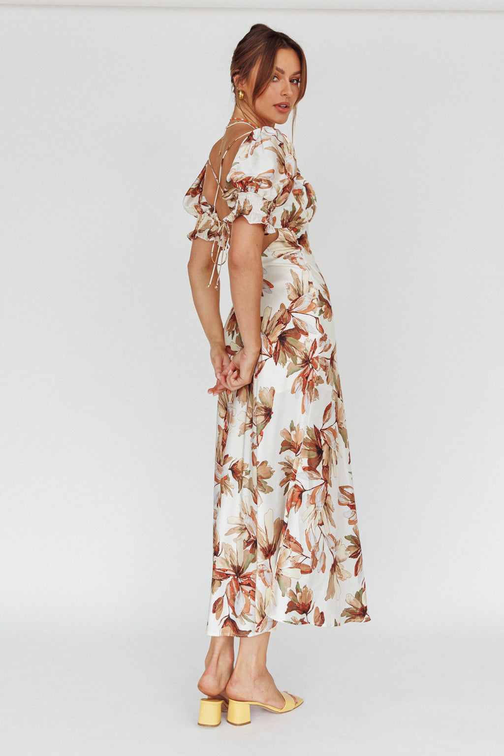 Brigita Tied Back Midi Dress Floral Brown by Selfie Leslie