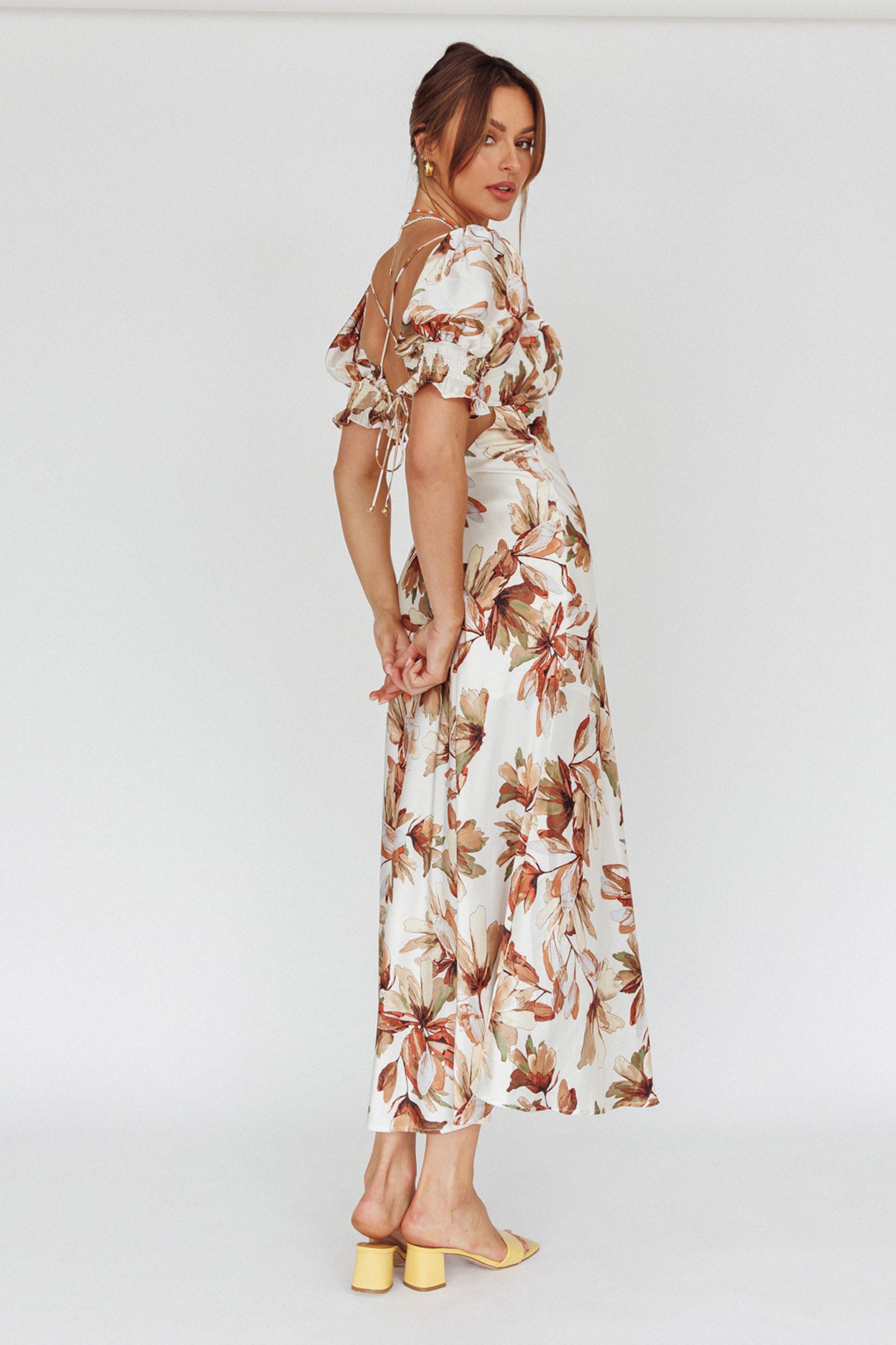 Brigita Tied Back Midi Dress Floral Brown by Selfie Leslie