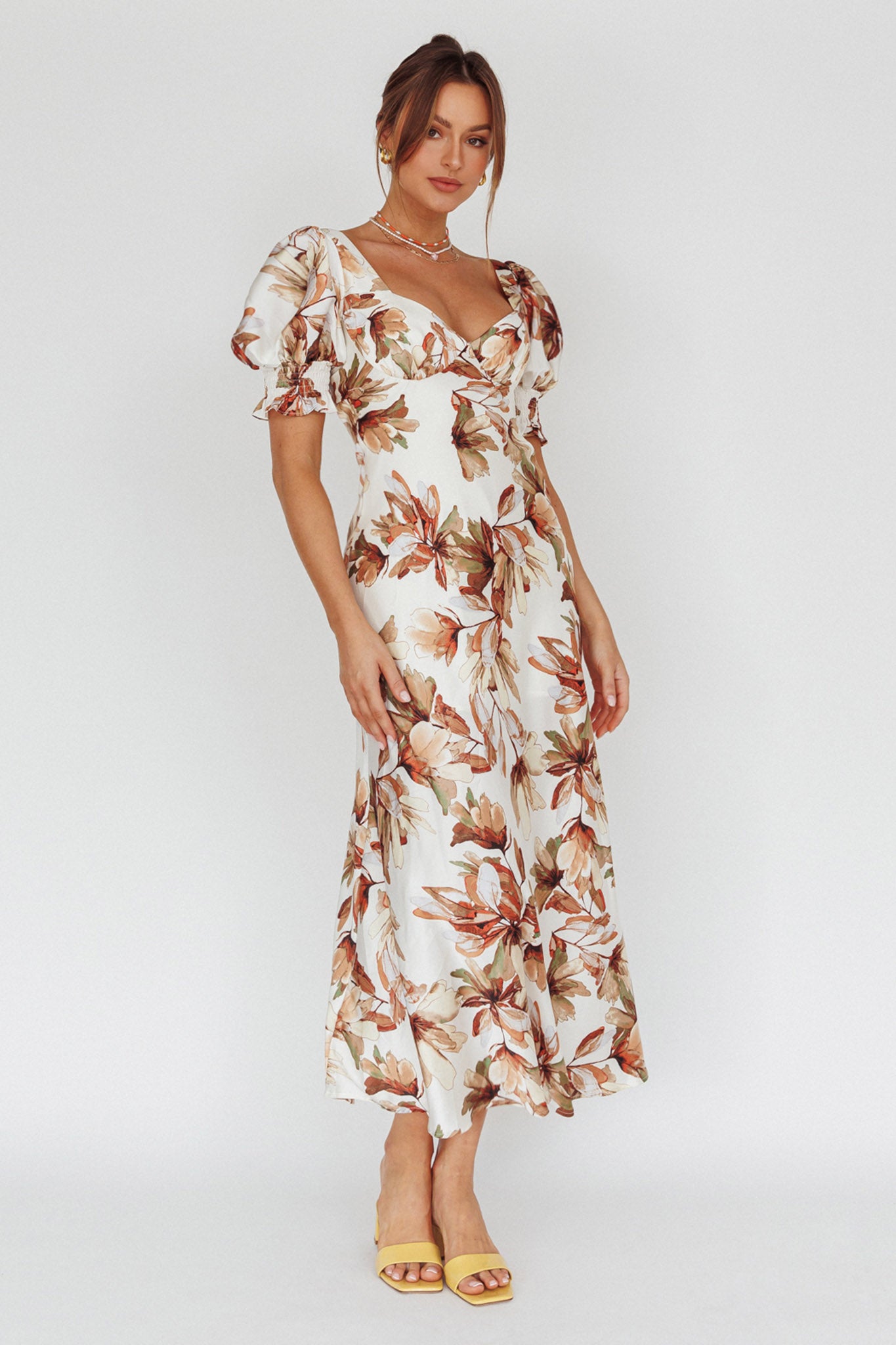 Brigita Tied Back Midi Dress Floral Brown by Selfie Leslie