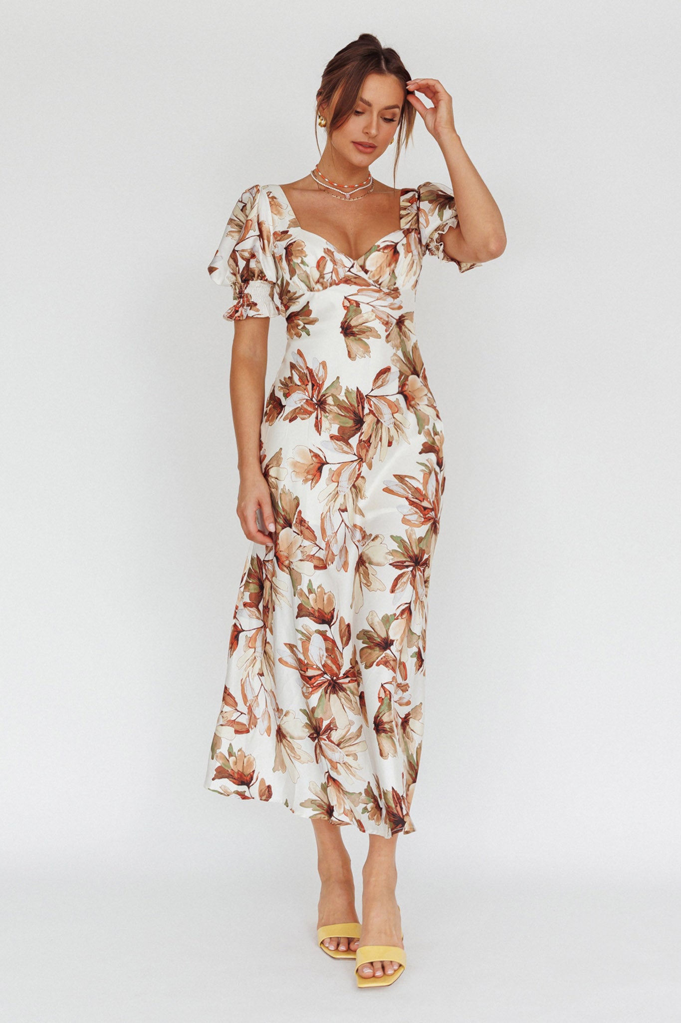 Brigita Tied Back Midi Dress Floral Brown by Selfie Leslie