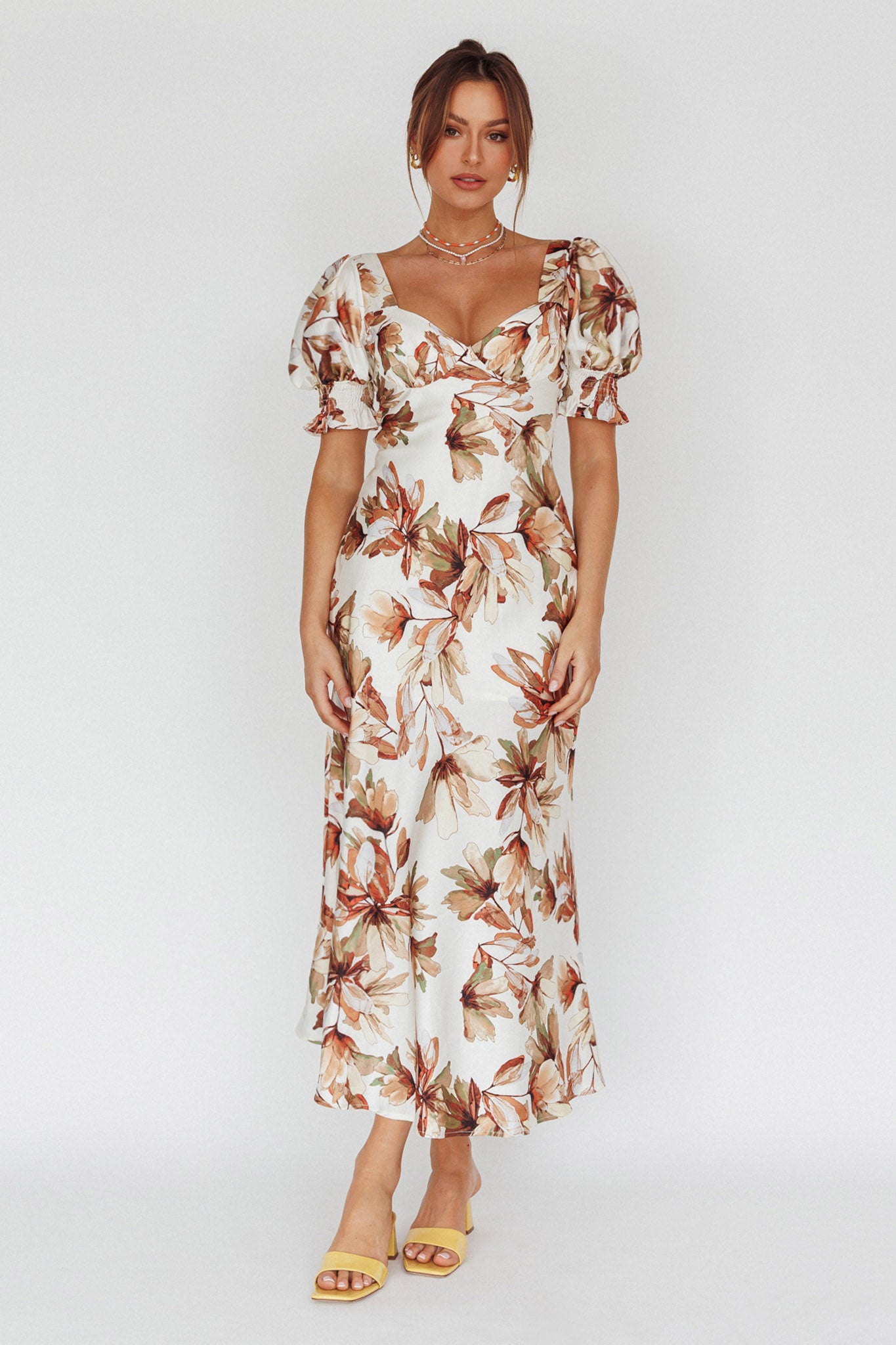 Brigita Tied Back Midi Dress Floral Brown by Selfie Leslie