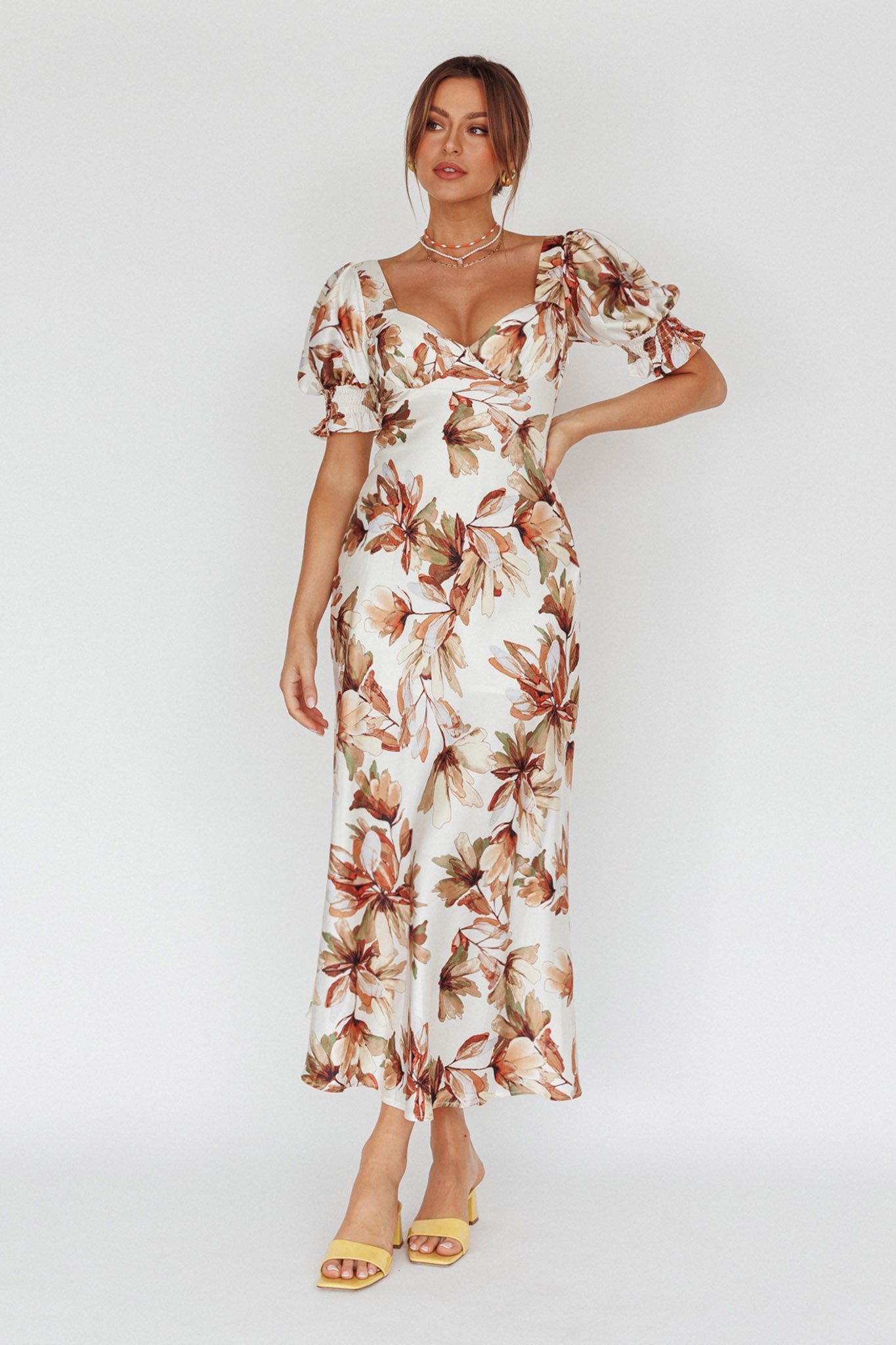 Brigita Tied Back Midi Dress Floral Brown by Selfie Leslie