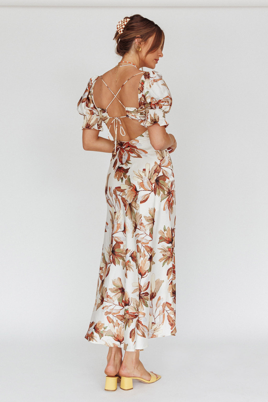Brigita Tied Back Midi Dress Floral Brown by Selfie Leslie