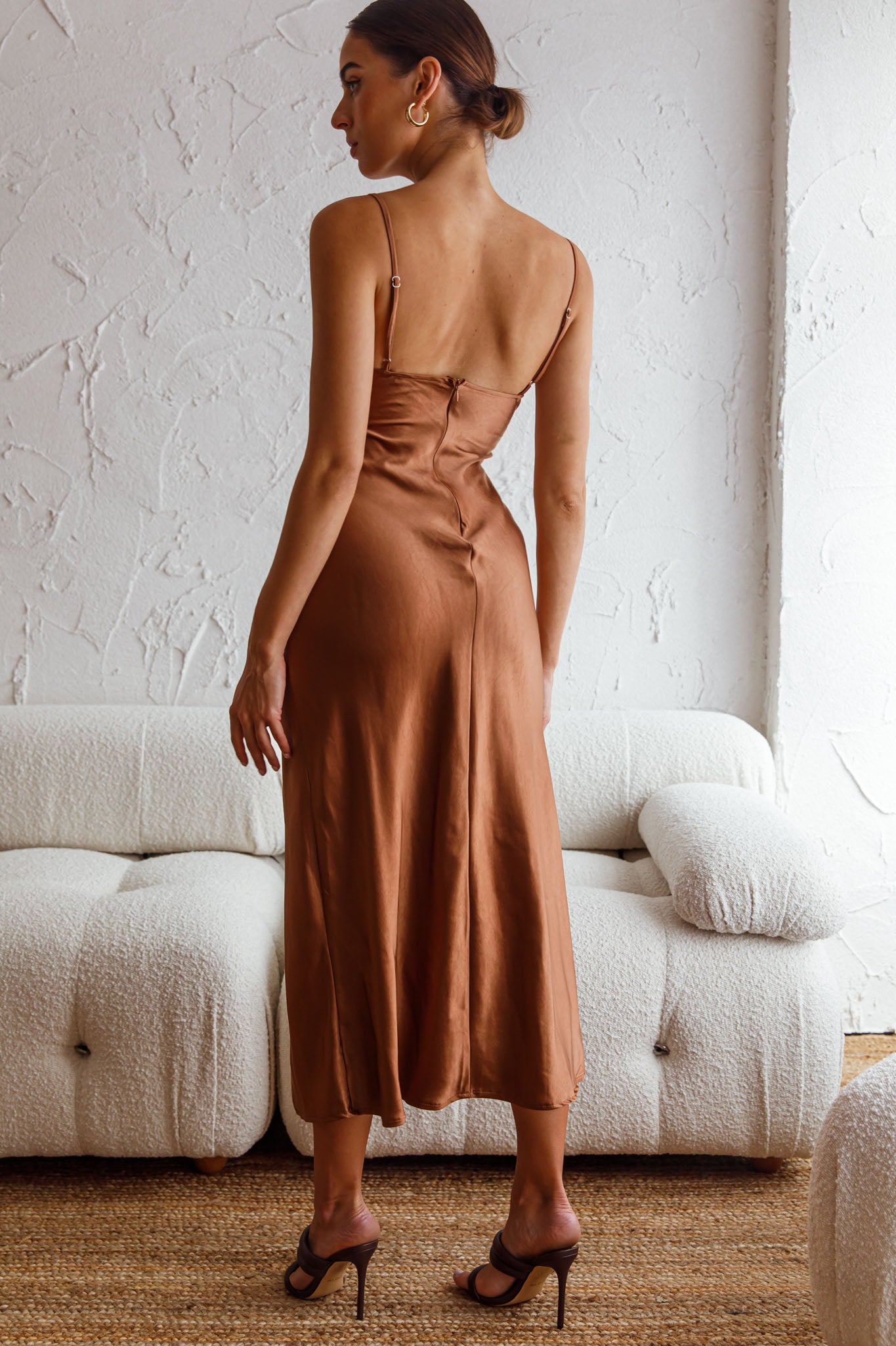 Invite Only Twisted Bust Satin Midi Dress Chocolate by Selfie Leslie