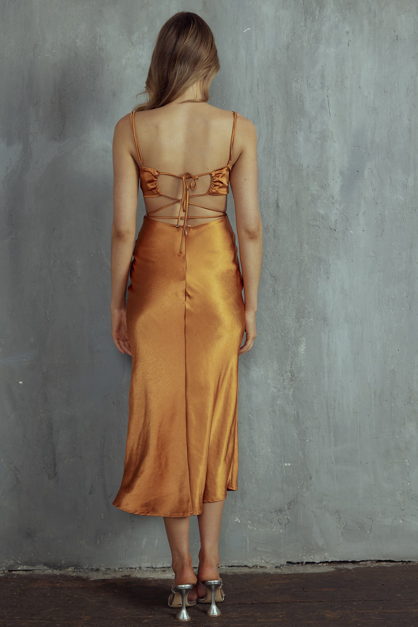 City Lights Cut-Out Waist Strappy Back Midi Dress Bronze by Selfie Leslie