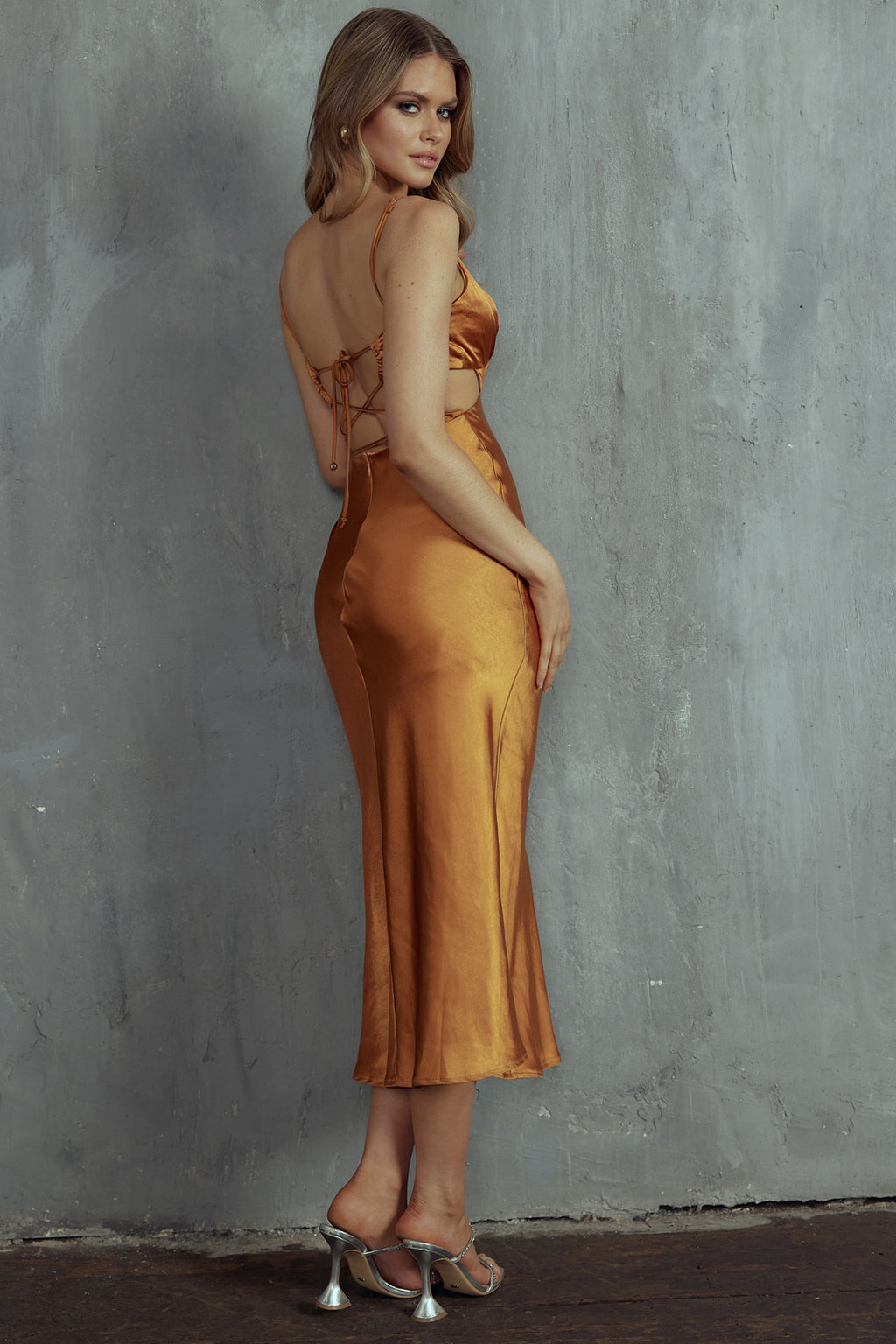 City Lights Cut-Out Waist Strappy Back Midi Dress Bronze by Selfie Leslie