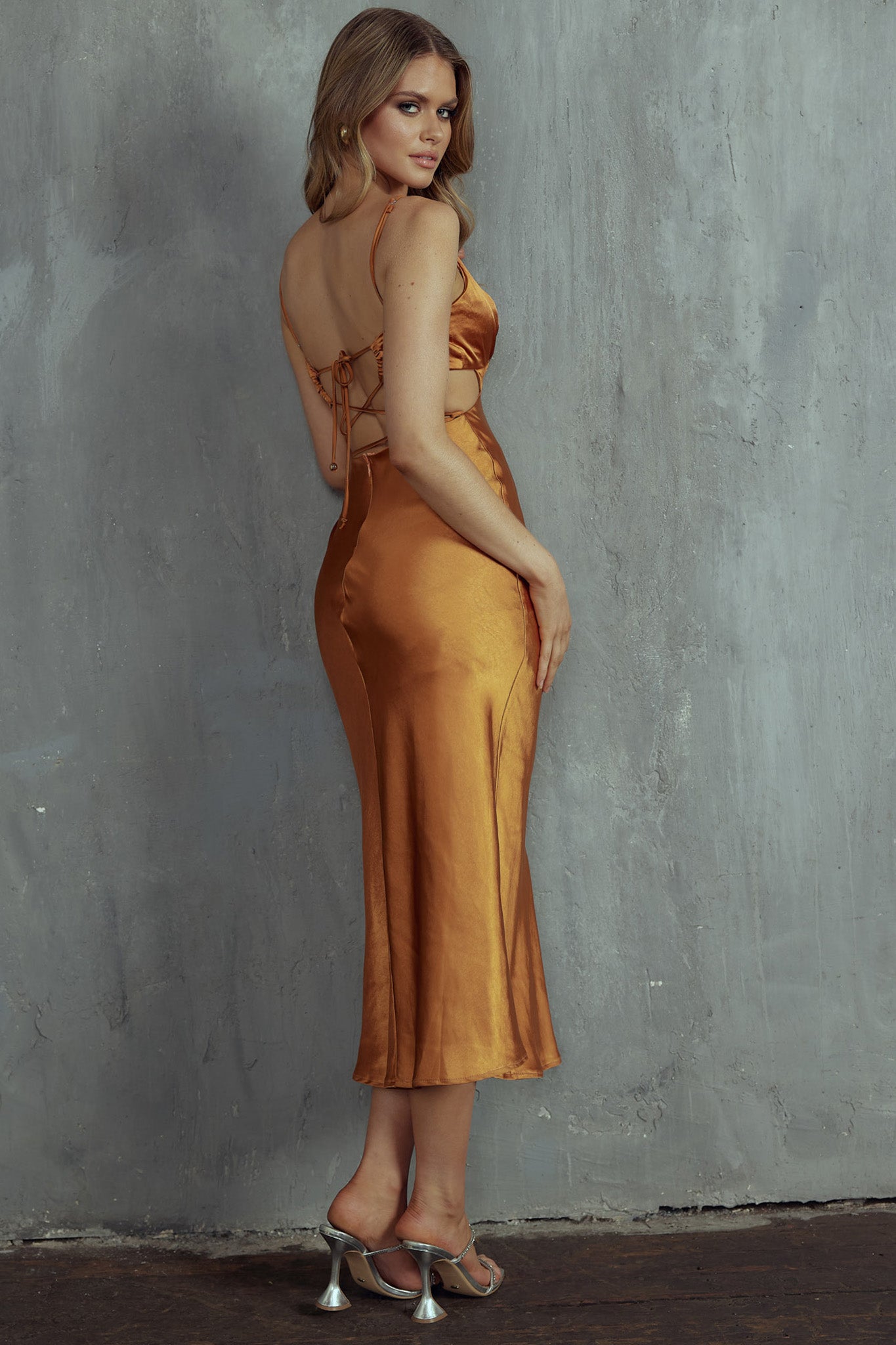 City Lights Cut-Out Waist Strappy Back Midi Dress Bronze by Selfie Leslie