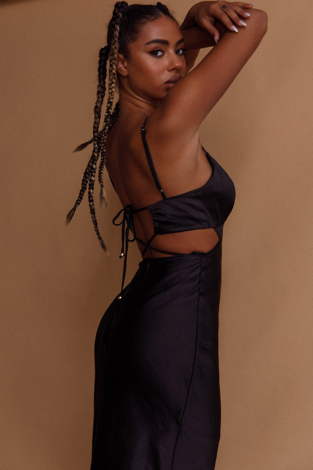 City Lights Cut-Out Waist Strappy Back Midi Dress Black by Selfie Leslie