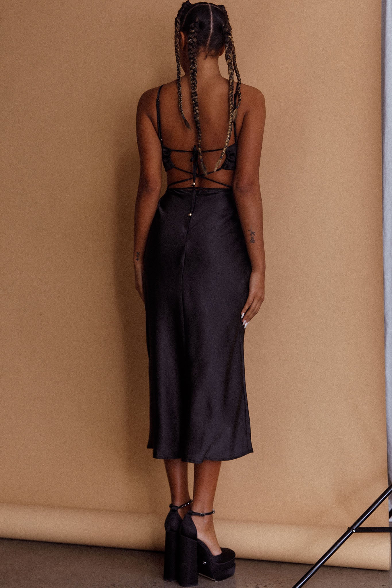 City Lights Cut-Out Waist Strappy Back Midi Dress Black by Selfie Leslie