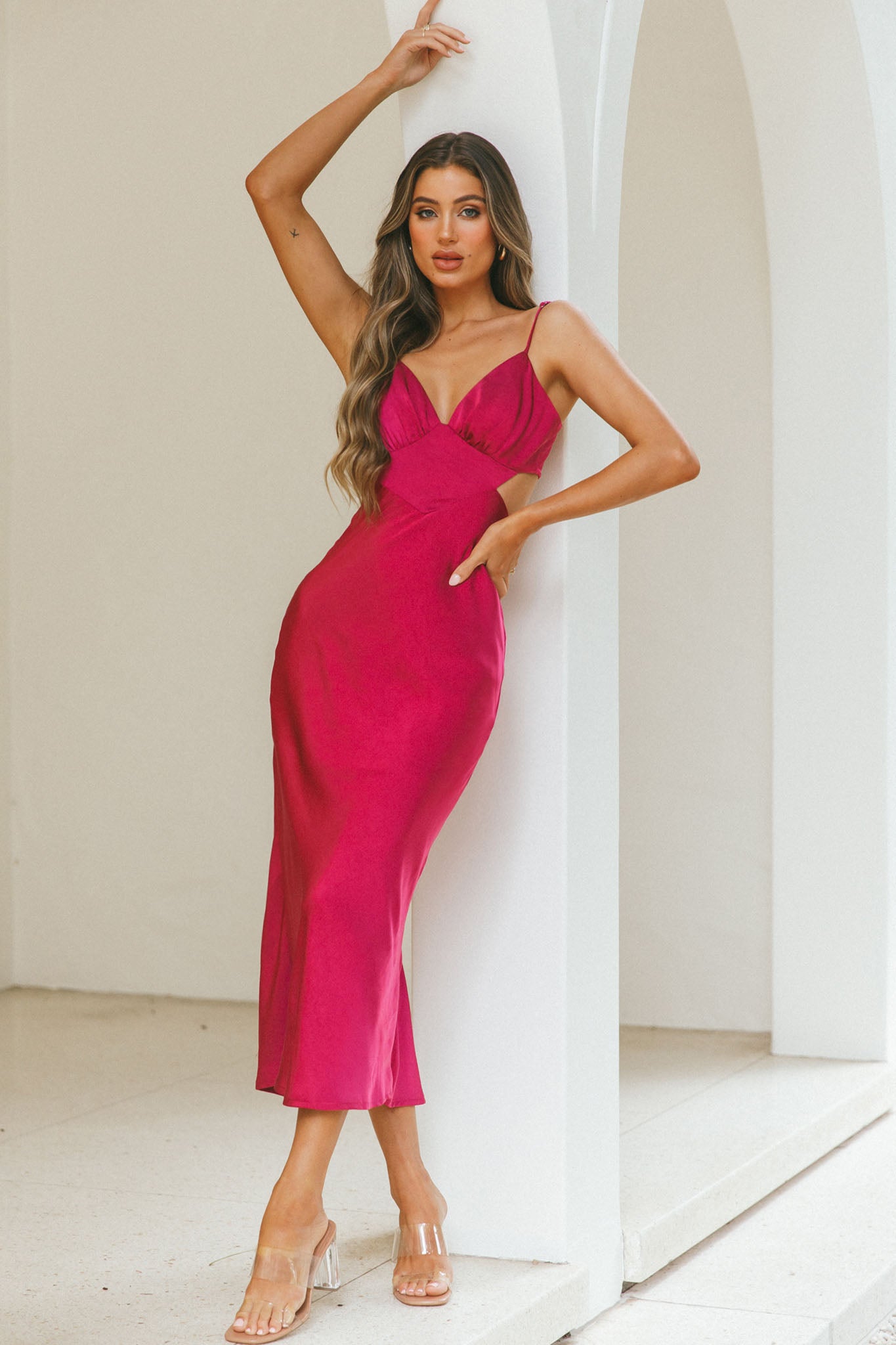 City Lights Cut-Out Waist Strappy Back Midi Dress Fuchsia | Selfie Leslie City Lights Cut-Out Waist Strappy Back Midi Dress Fuchsia | Selfie Leslie