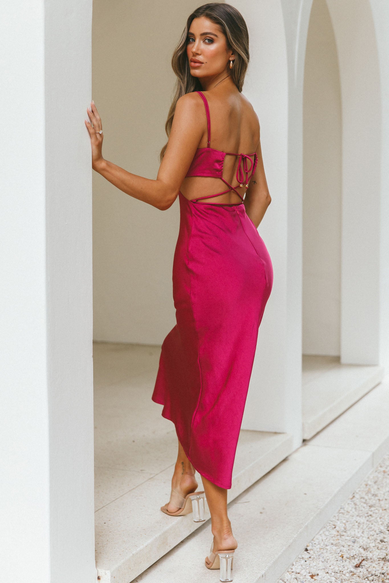 City Lights Cut-Out Waist Strappy Back Midi Dress Fuchsia City Lights Cut-Out Waist Strappy Back Midi Dress Fuchsia