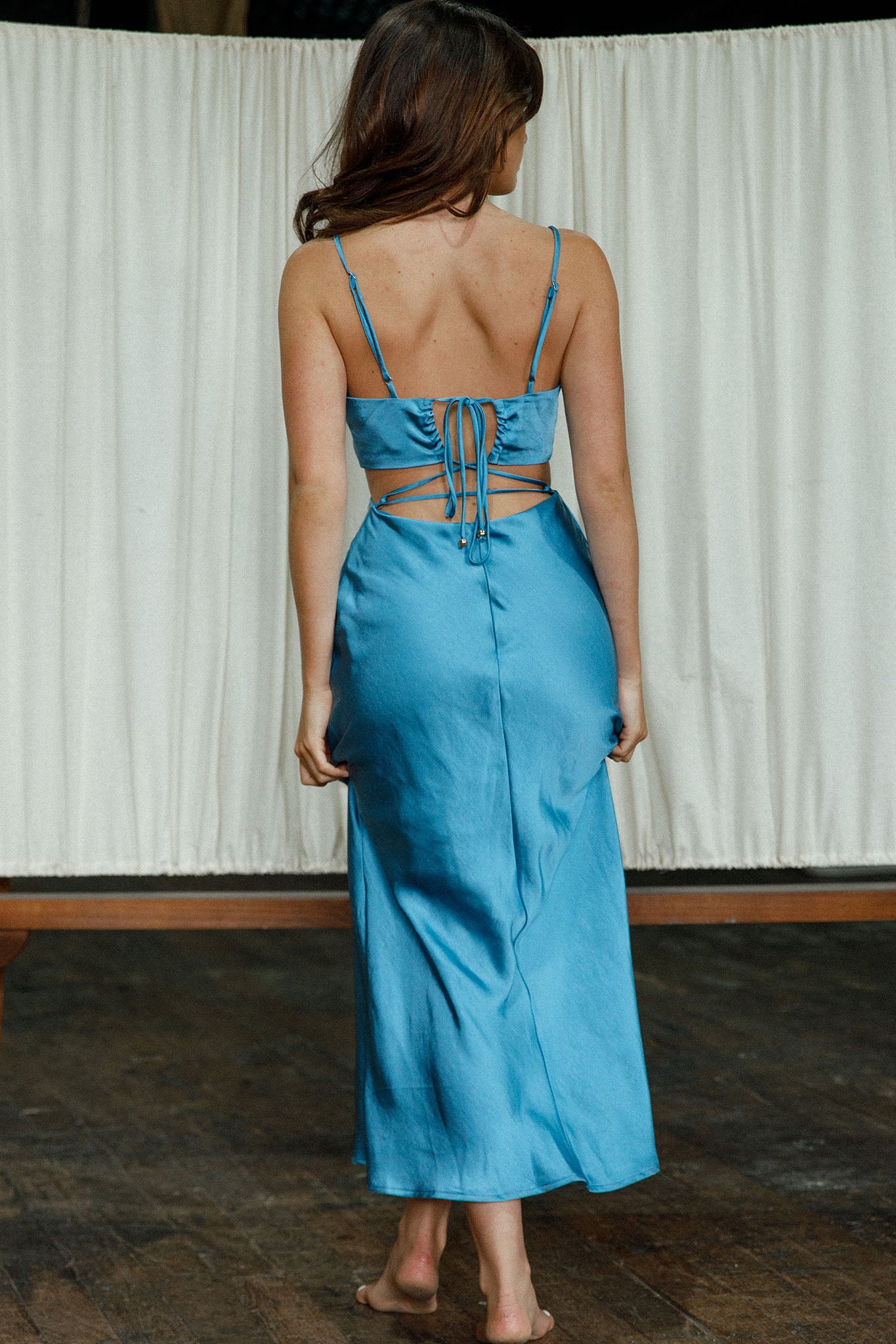 City Lights Cut-Out Waist Strappy Back Midi Dress Midnight Blue by Selfie Leslie