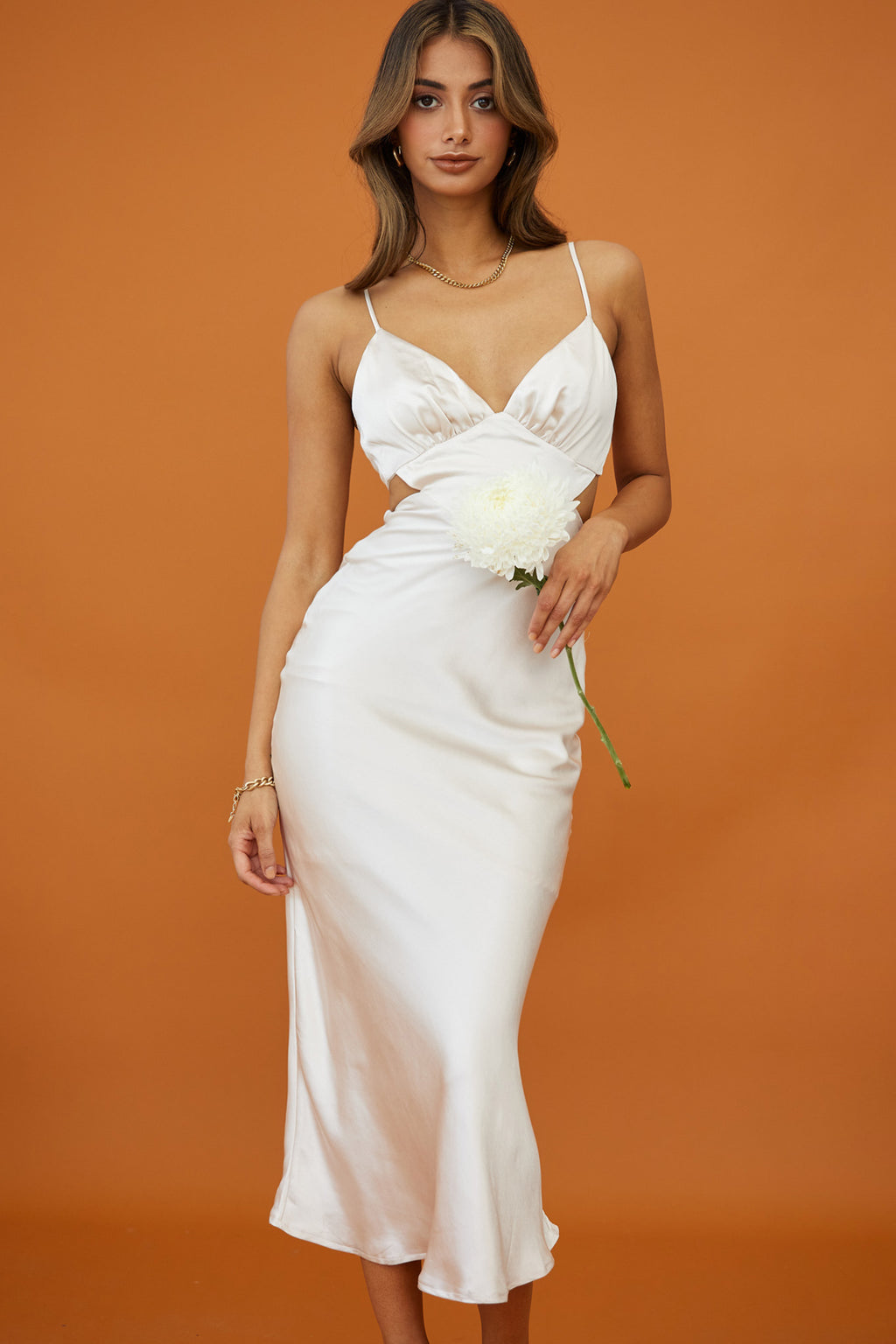 City Lights Cut-Out Waist Strappy Back Midi Dress Champagne by Selfie Leslie