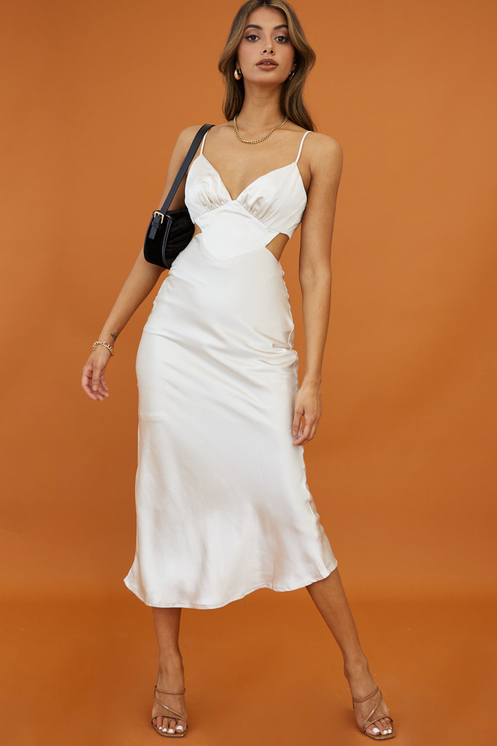 City Lights Cut-Out Waist Strappy Back Midi Dress Champagne by Selfie Leslie