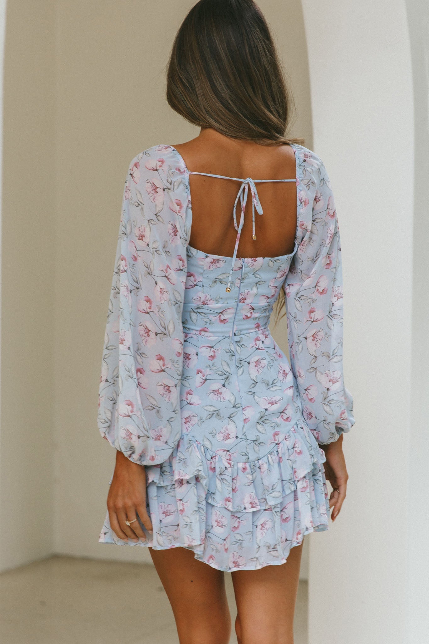Dearly Beloved Balloon Sleeve Layered Frill Hem Dress Flower Print Blue by Selfie Leslie
