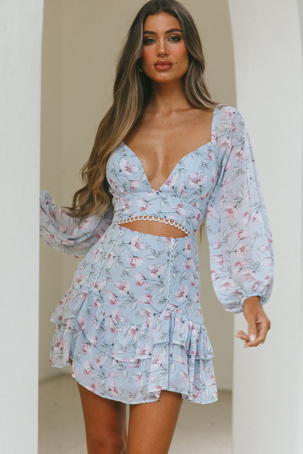Dearly Beloved Balloon Sleeve Layered Frill Hem Dress Flower Print Blue by Selfie Leslie