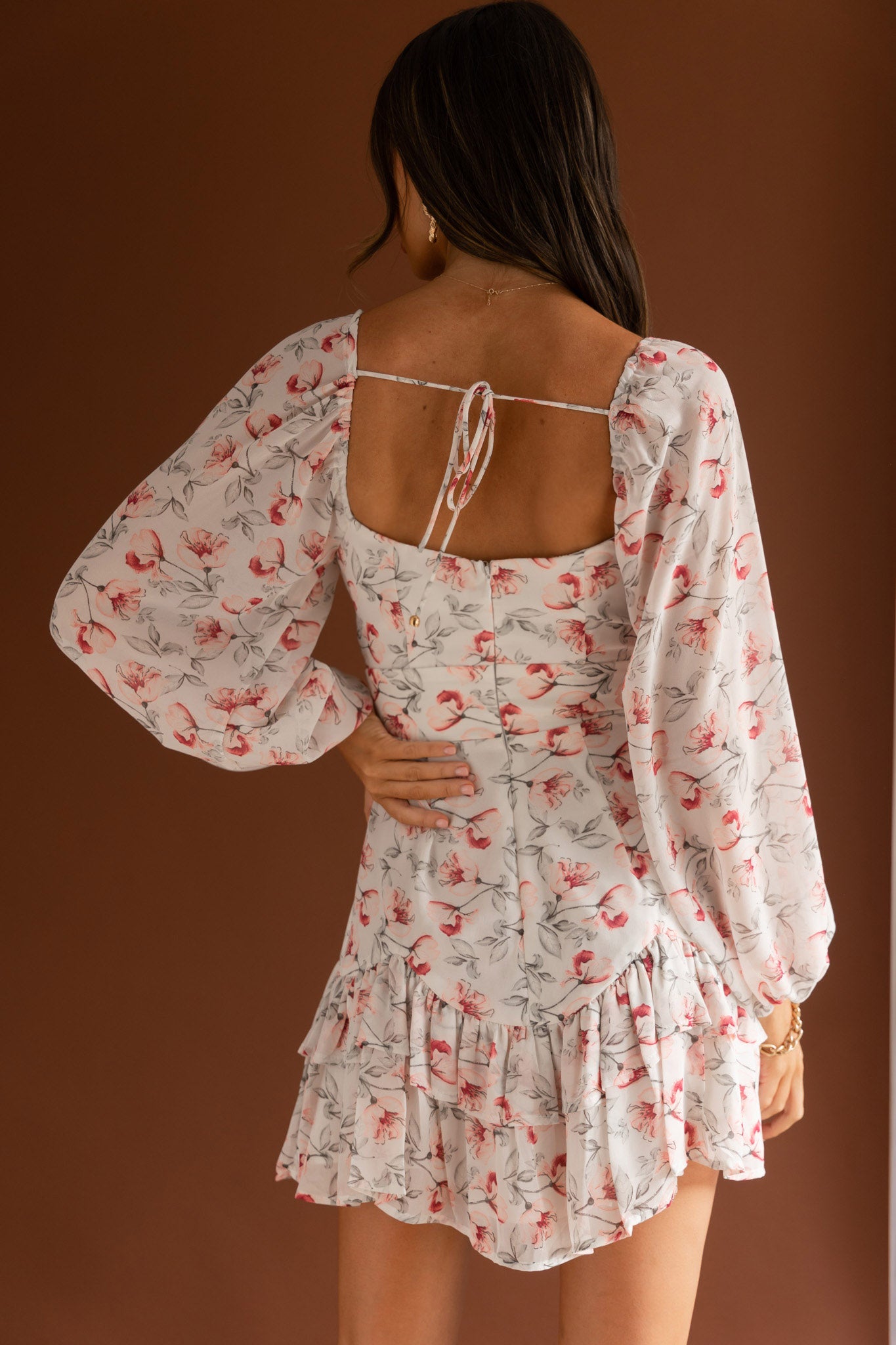Dearly Beloved Balloon Sleeve Layered Frill Hem Dress Flower Print White by Selfie Leslie