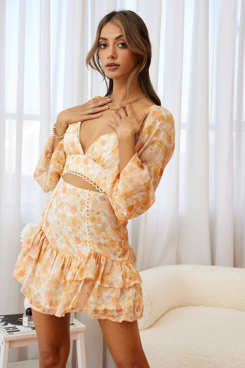 Dearly Beloved Balloon Sleeve Layered Frill Hem Dress Floral Print Orange by Selfie Leslie