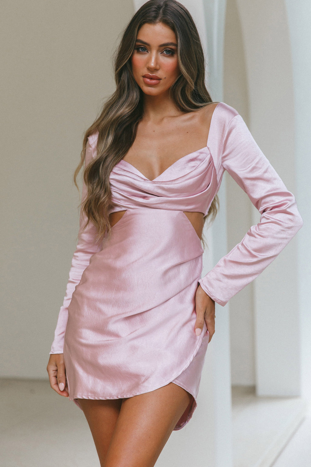 Shaken Not Stirred Cut-Out Waist Long Sleeve Pleat Mini Dress Blush by Selfie Leslie
