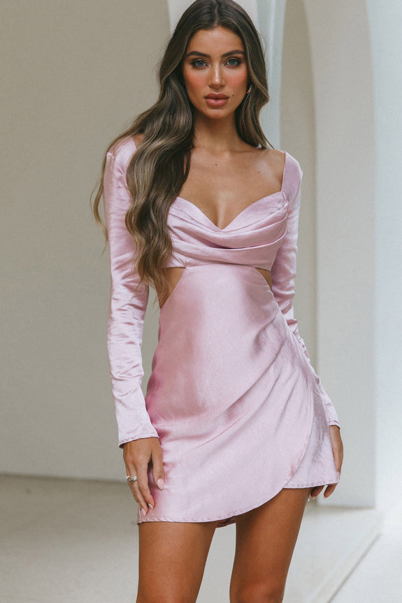 Shaken Not Stirred Cut-Out Waist Long Sleeve Pleat Mini Dress Champagne