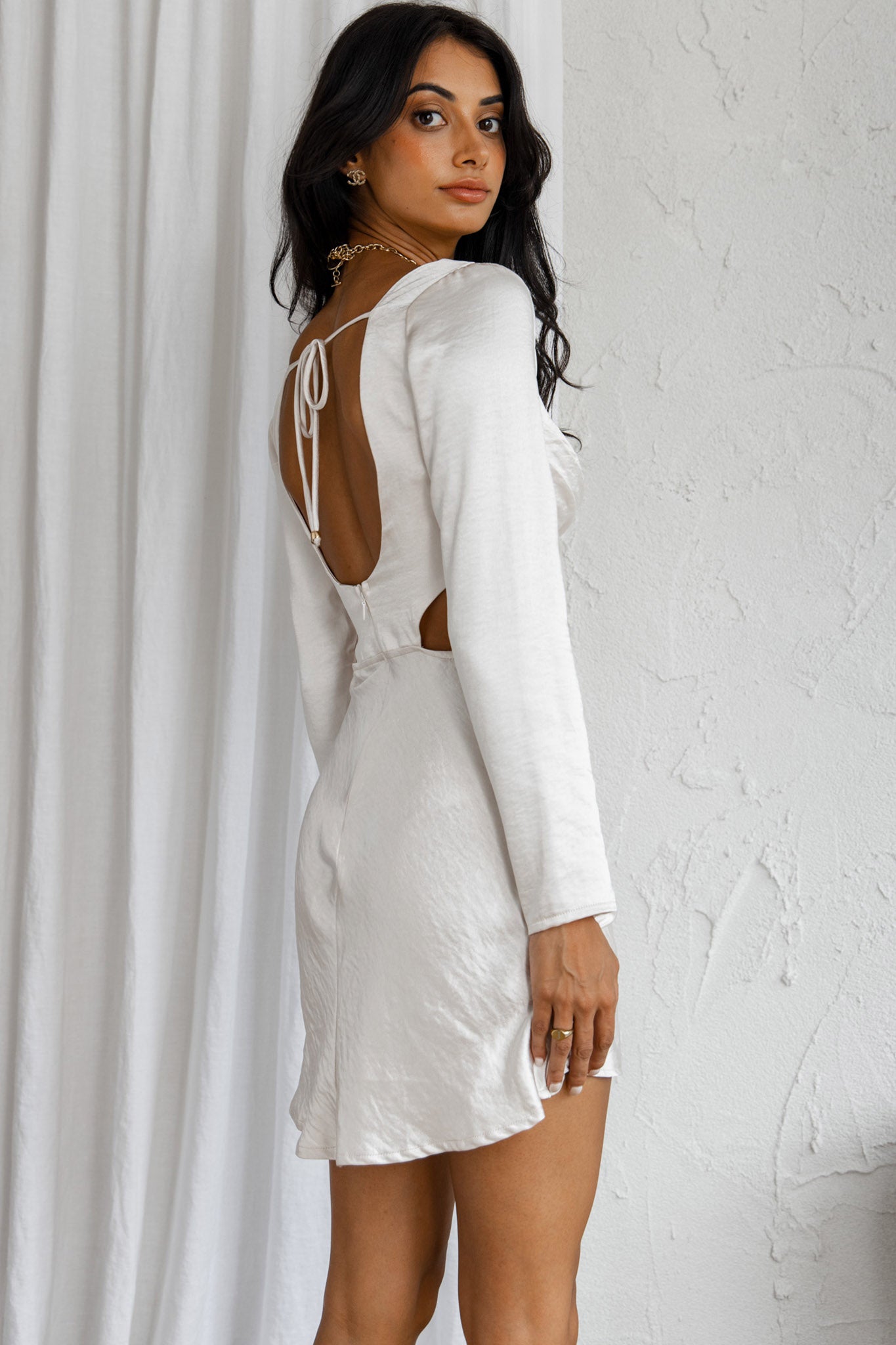 Shaken Not Stirred Cut-Out Waist Long Sleeve Pleat Mini Dress Champagn