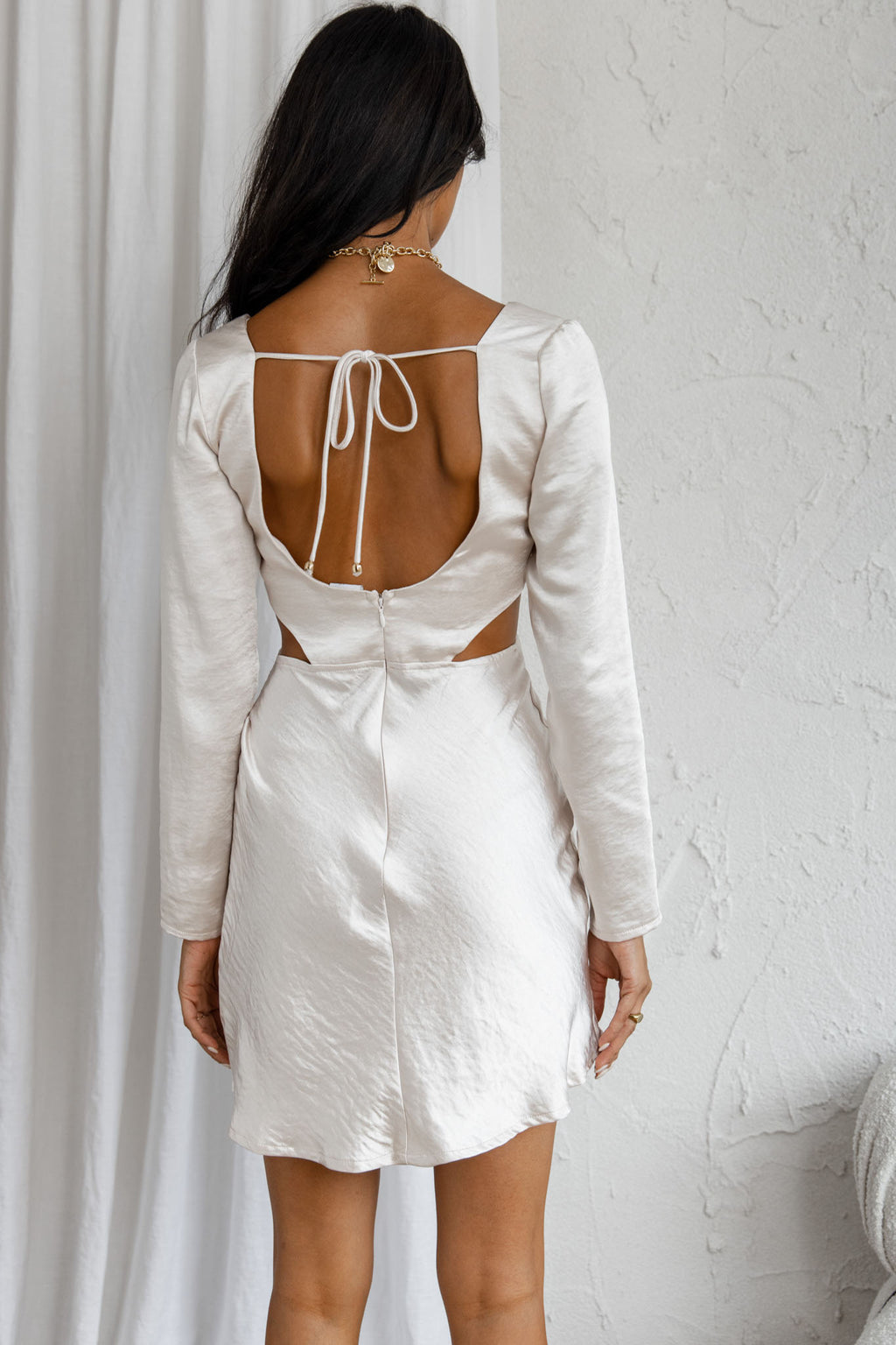 Shaken Not Stirred Cut-Out Waist Long Sleeve Pleat Mini Dress Champagne by Selfie Leslie