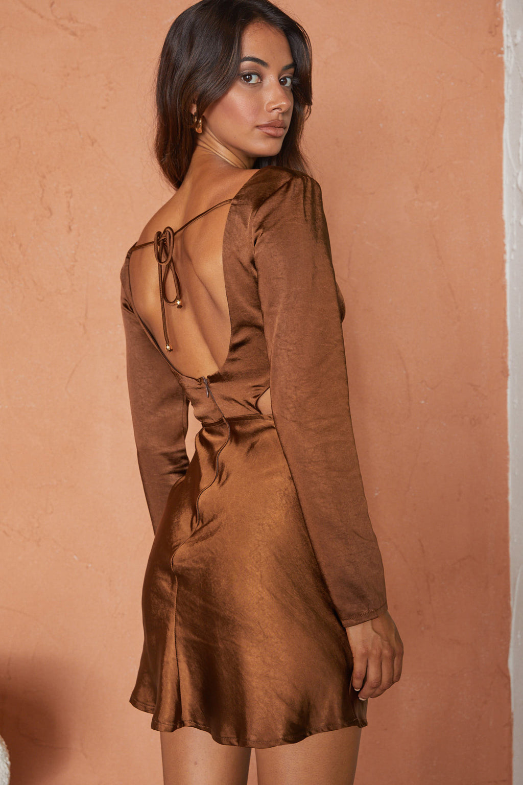 Shaken Not Stirred Cut-Out Waist Long Sleeve Pleat Mini Dress Chocolate by Selfie Leslie