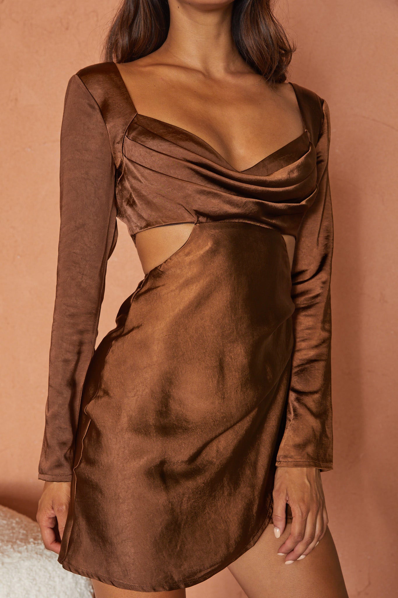 Shaken Not Stirred Cut-Out Waist Long Sleeve Pleat Mini Dress Chocolate by Selfie Leslie