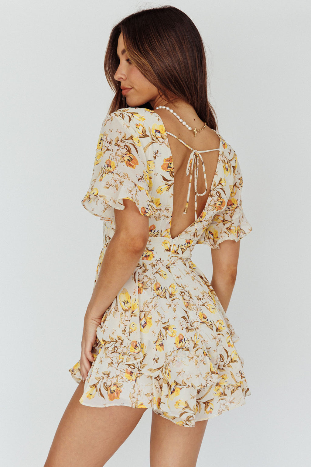 Golden Light Pintuck Pleat Romper Floral Beige by Selfie Leslie