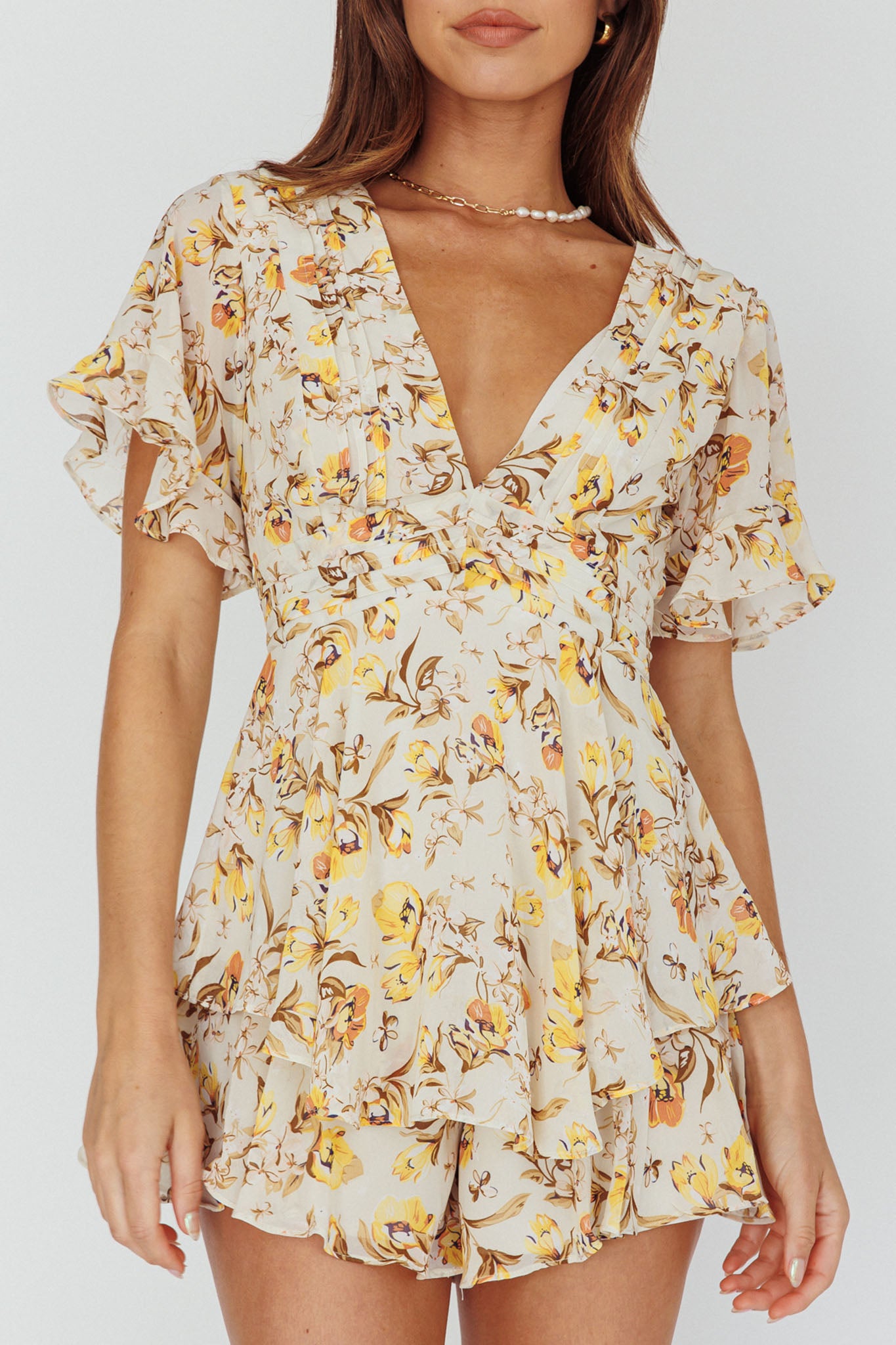 Golden Light Pintuck Pleat Romper Floral Beige by Selfie Leslie