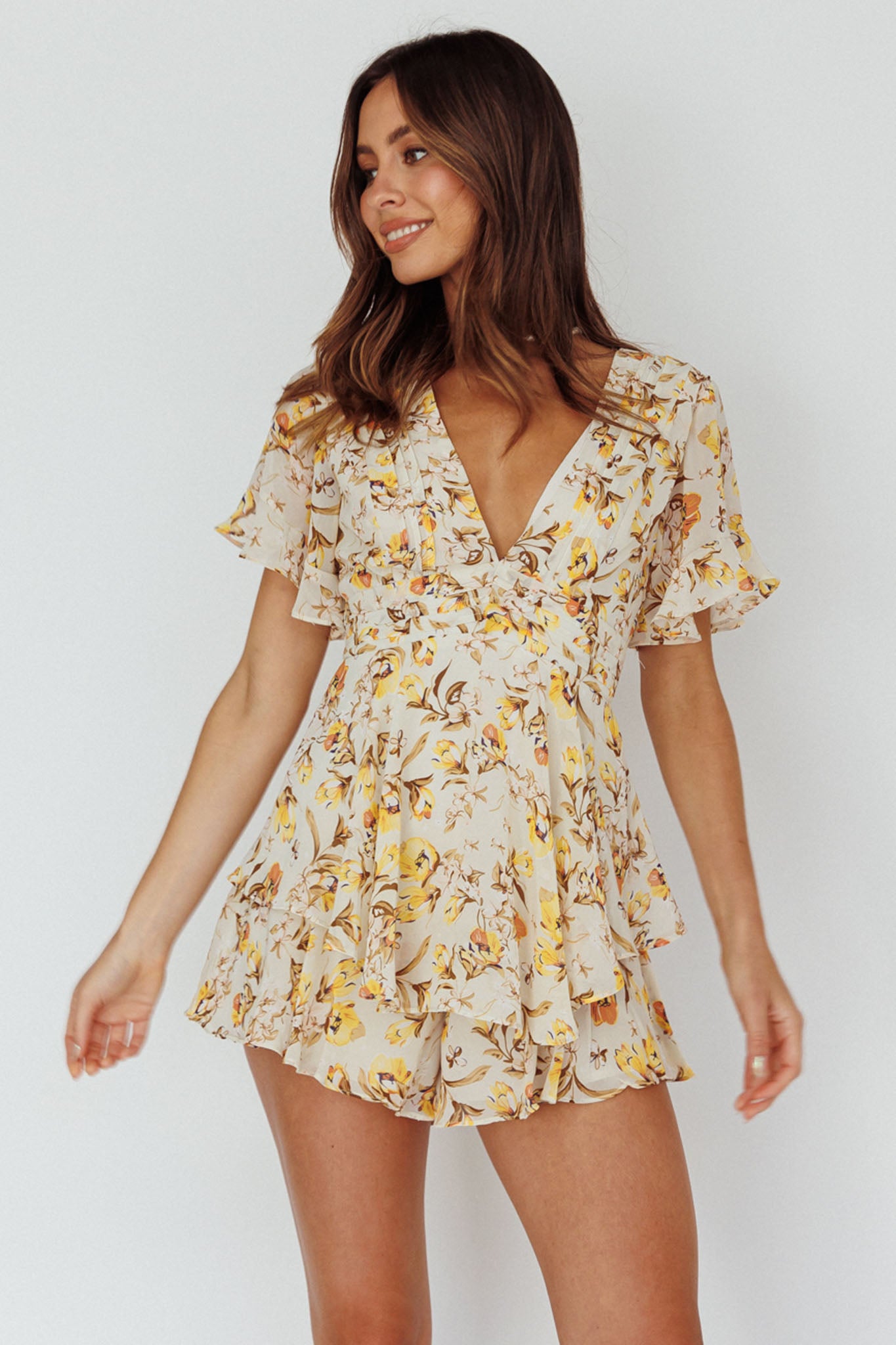 Shop the Golden Light Pintuck Pleat Romper Floral Beige | Selfie Leslie