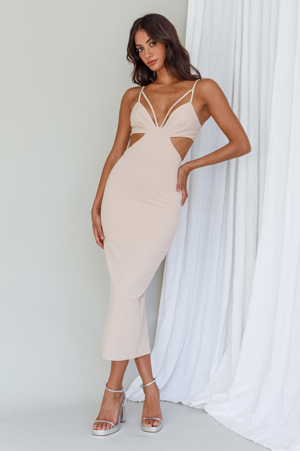 Sarita String Bust Midi Dress Beige by Selfie Leslie