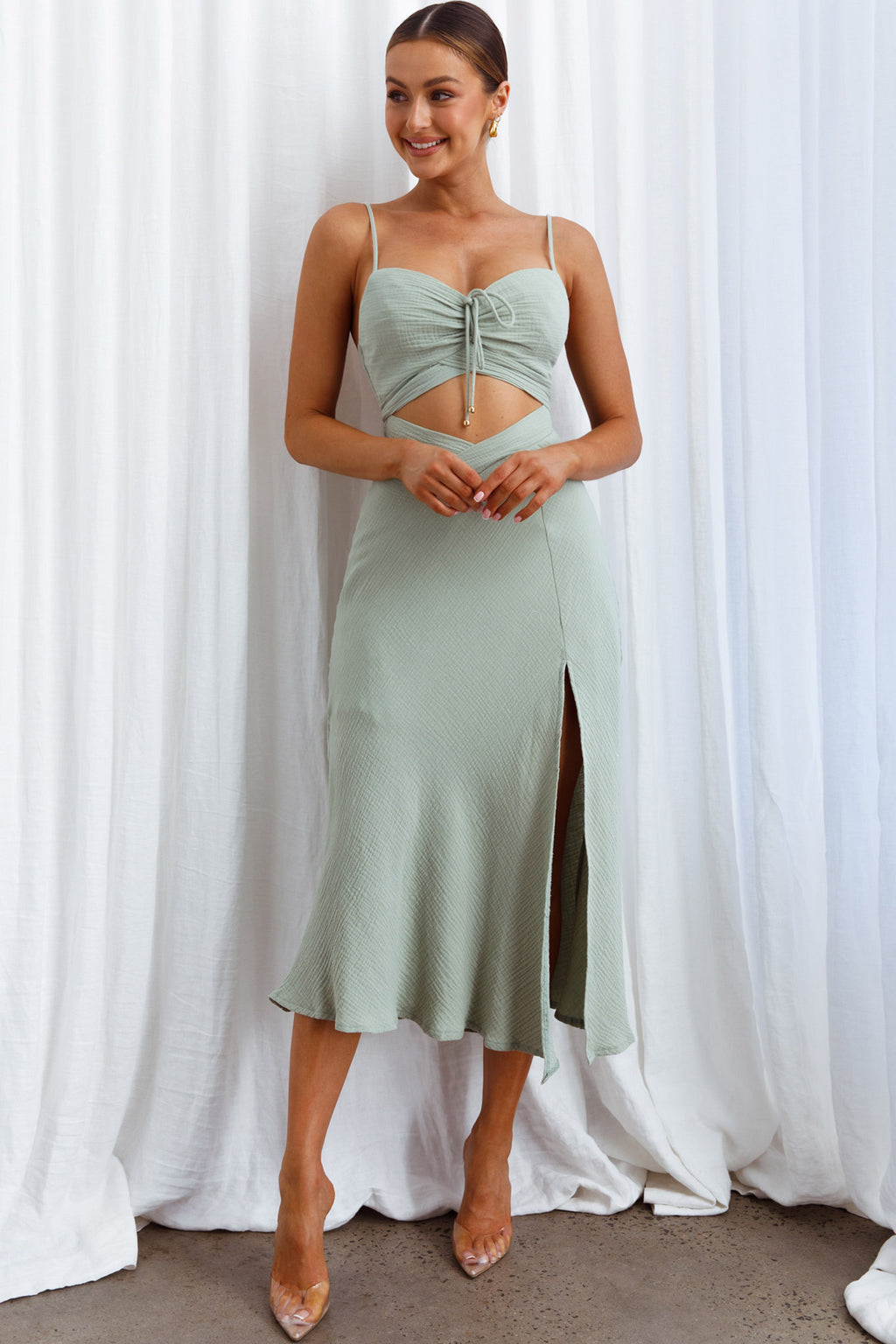 Twin Flame Drawstring Bust Midi Dress Sage by Selfie Leslie