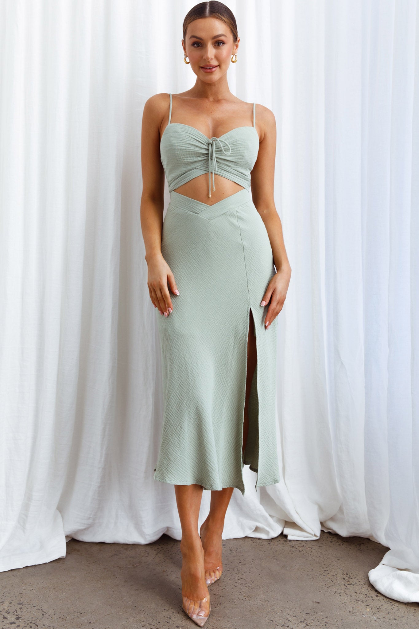 Twin Flame Drawstring Bust Midi Dress Sage by Selfie Leslie