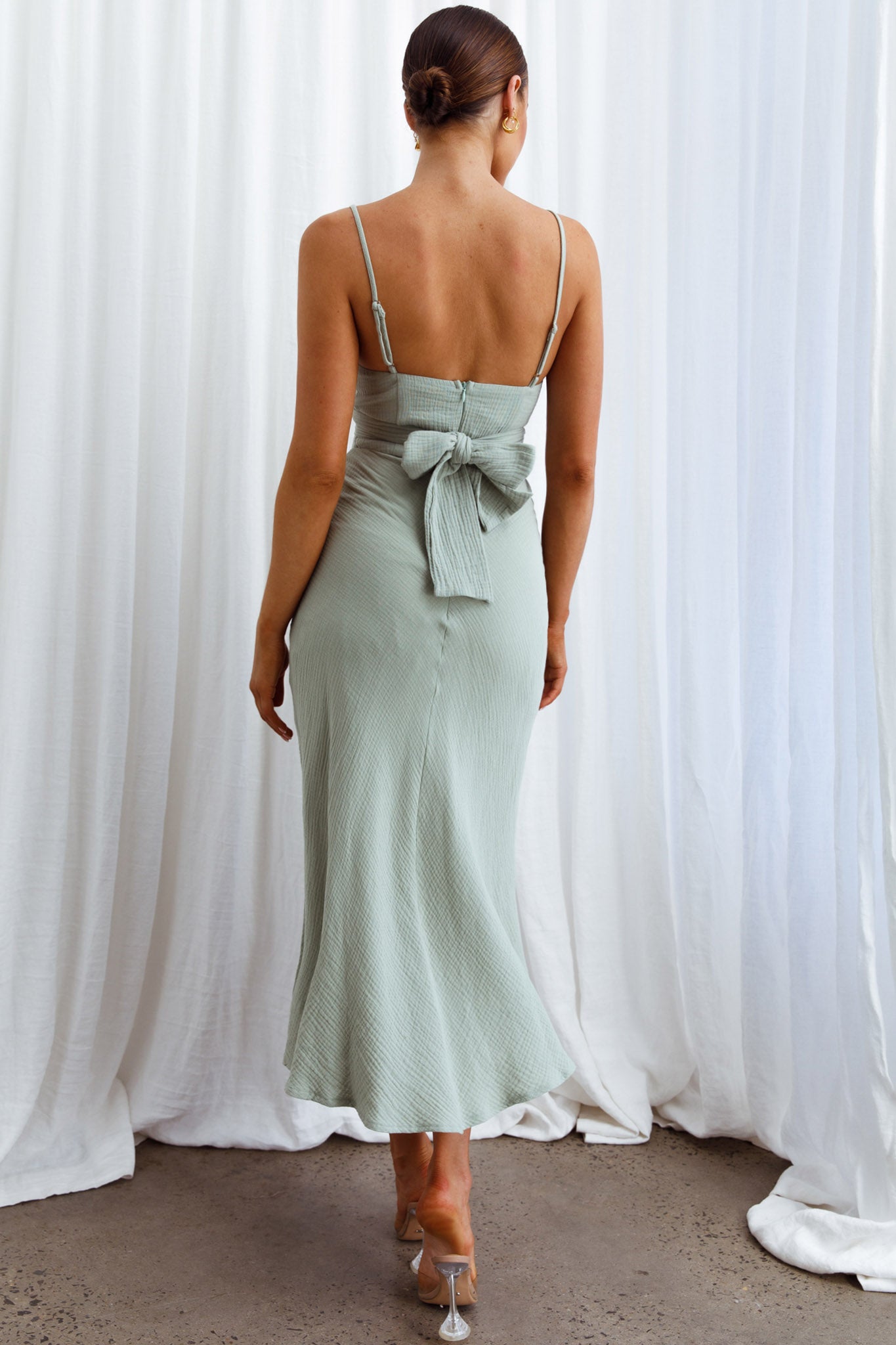 mia bias cowl midi dress Twin Flame Drawstring Bust Midi Dress Sage