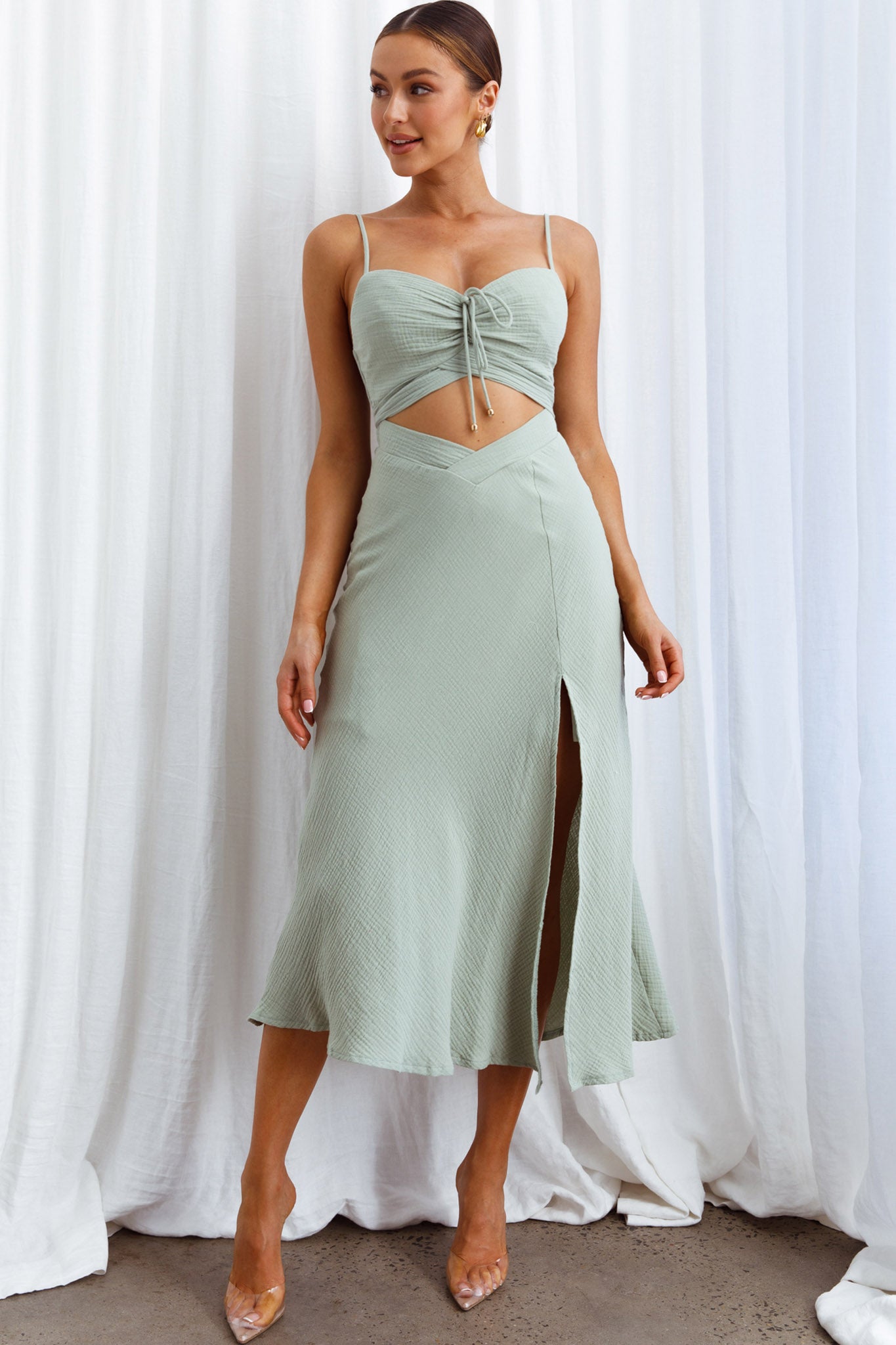 Twin Flame Drawstring Bust Midi Dress Sage by Selfie Leslie