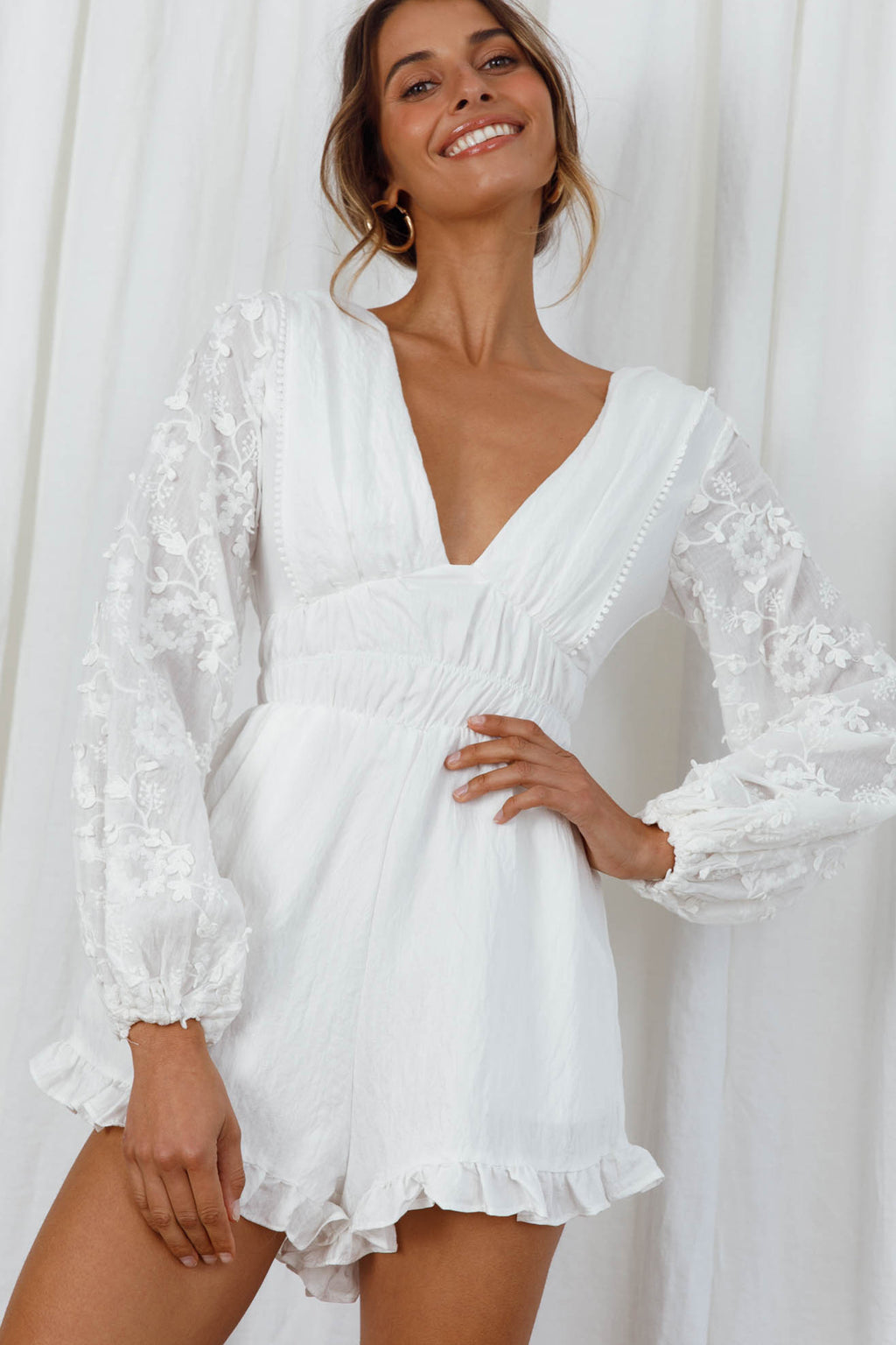 Novella Long Embellished Sleeve Frill Trim Romper White by Selfie Leslie