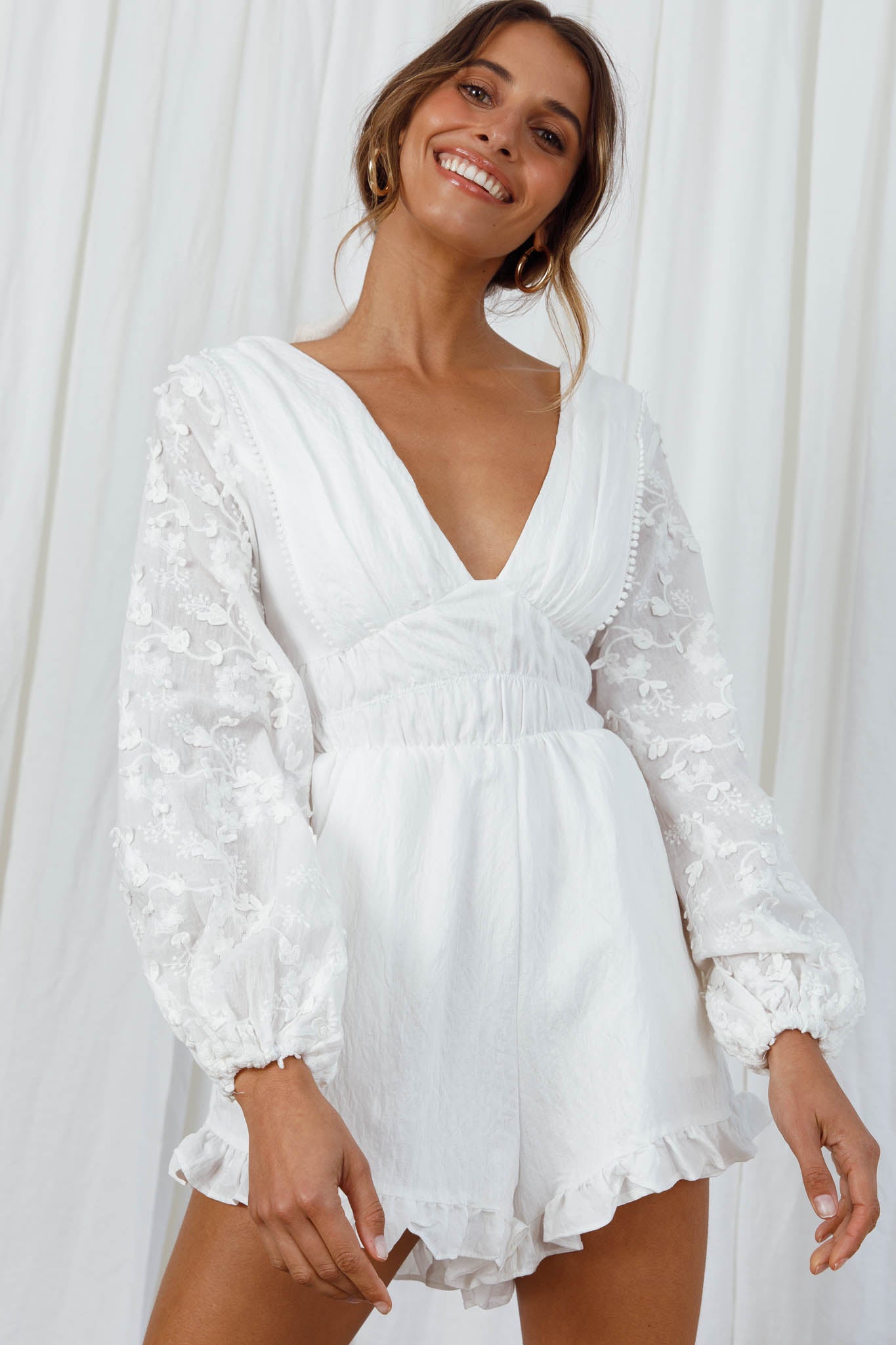 Novella Long Embellished Sleeve Frill Trim Romper White by Selfie Leslie