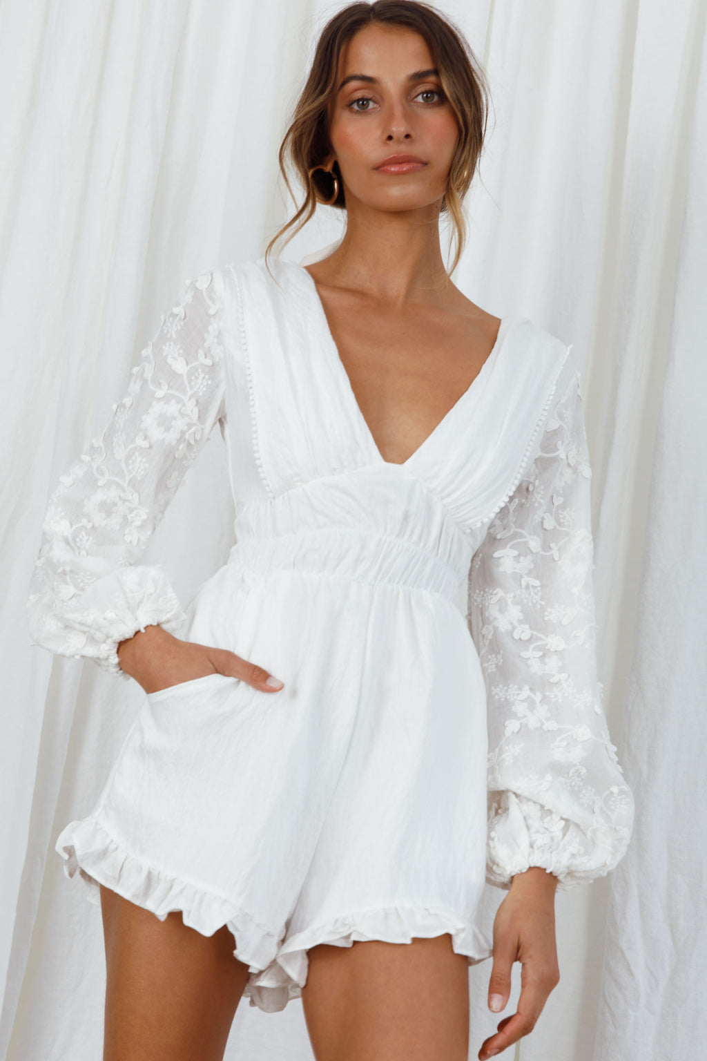 Novella Long Embellished Sleeve Frill Trim Romper White by Selfie Leslie