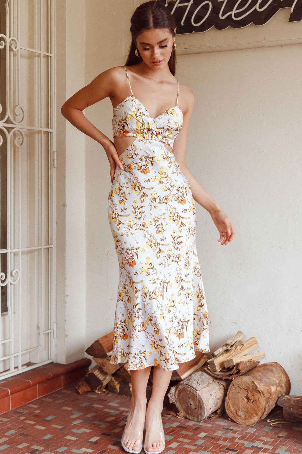 Cariba Cut-Out Waist Midi Dress Floral Yellow by Selfie Leslie