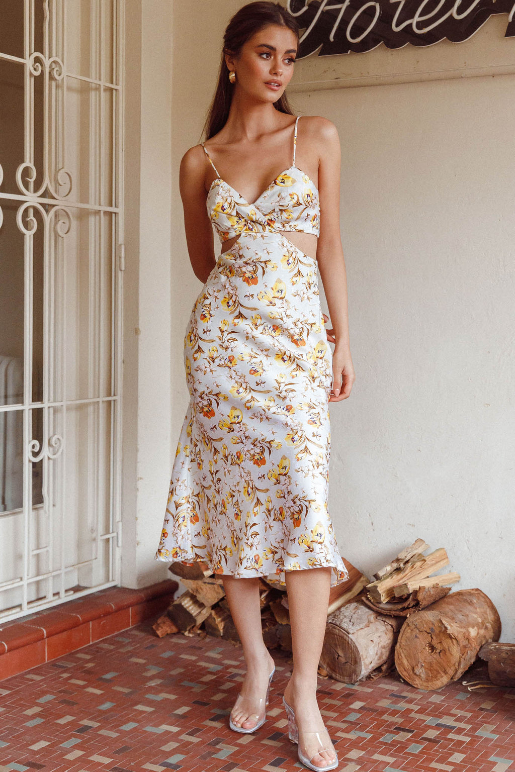 Cariba Cut-Out Waist Midi Dress Floral Yellow by Selfie Leslie