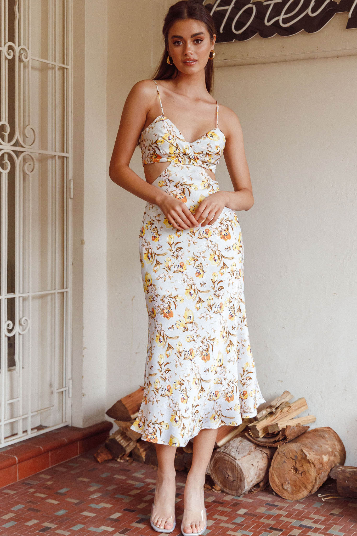 Cariba Cut-Out Waist Midi Dress Floral Yellow by Selfie Leslie
