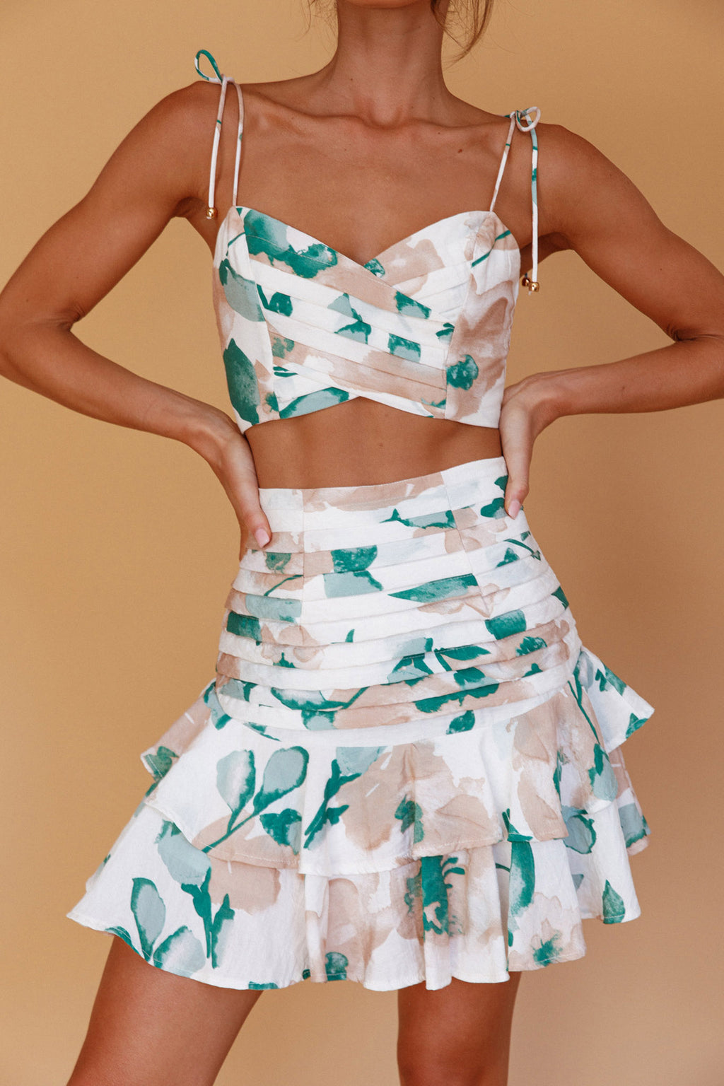 Janene Tied Shoulder Crop Top White/Olive by Selfie Leslie