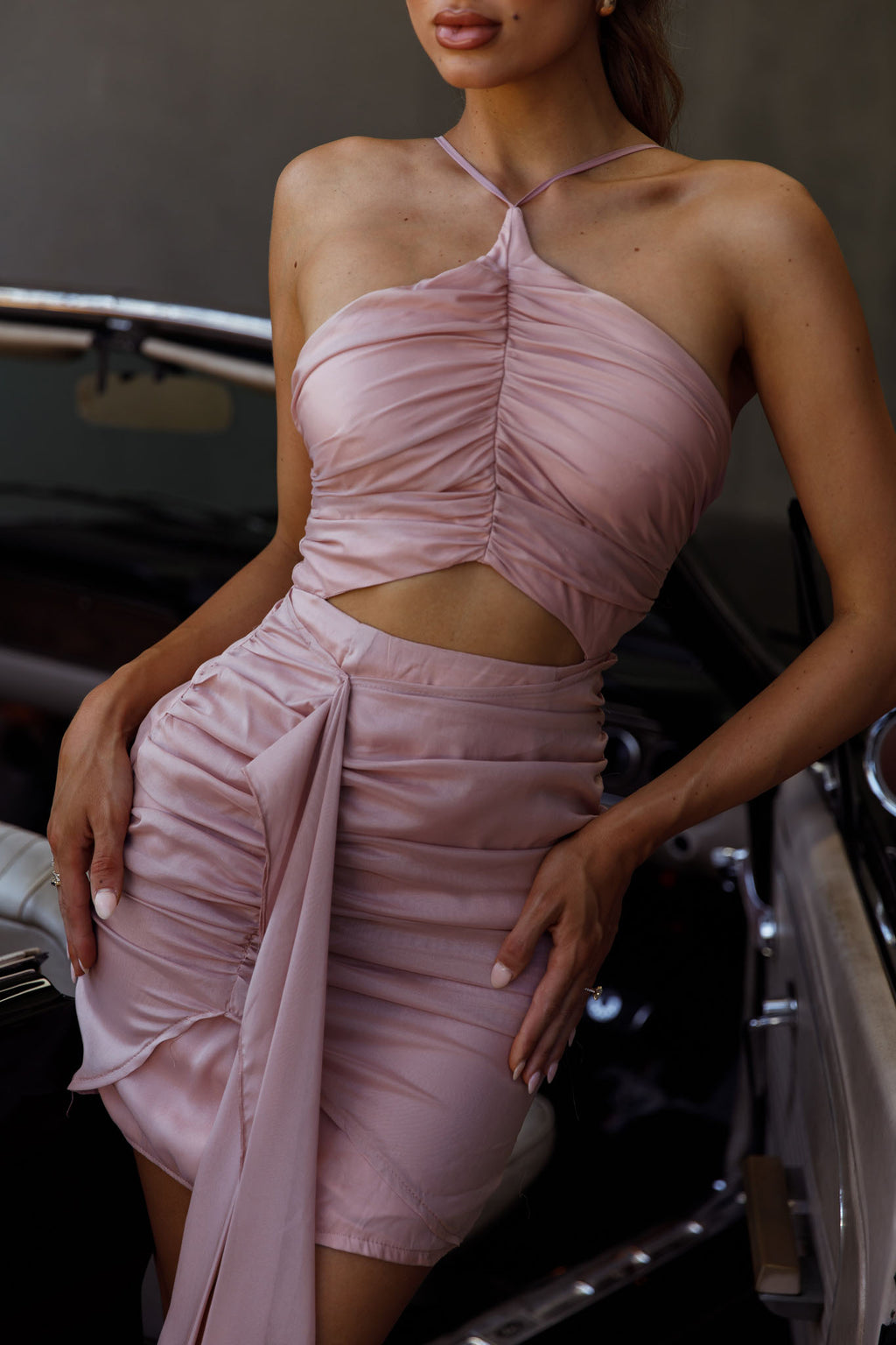 Casa Del Sol Ruched Cut-Out Dress Blush by Selfie Leslie