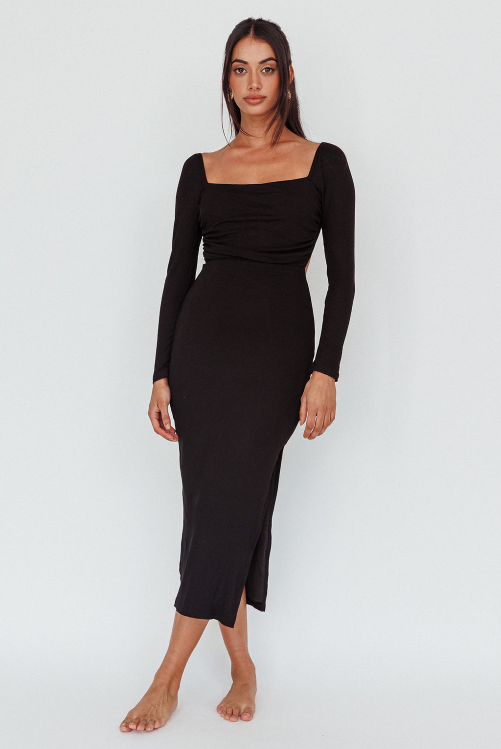 Dream Crush Long Sleeve Lace-Up Midi Dress Black by Selfie Leslie