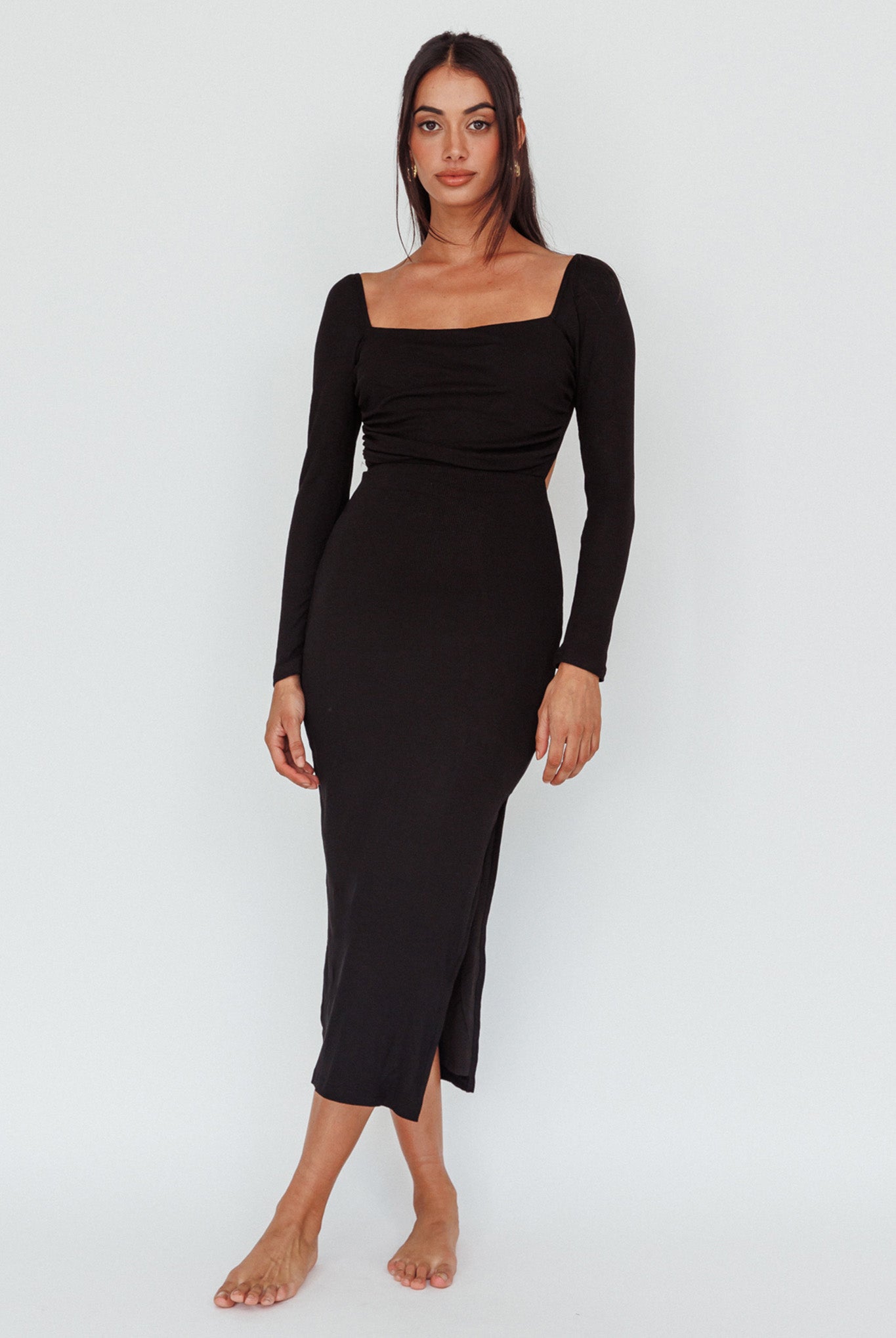 Dream Crush Long Sleeve Lace-Up Midi Dress Black by Selfie Leslie