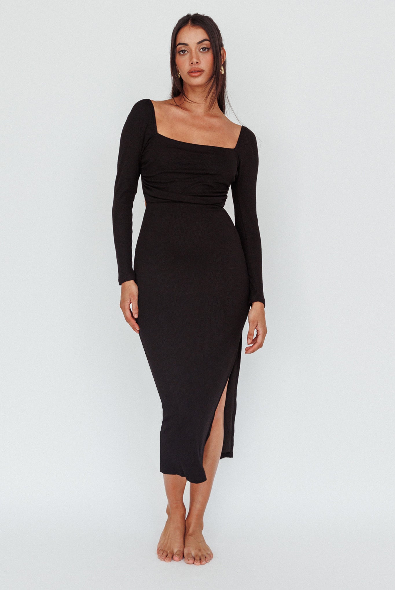 Dream Crush Long Sleeve Lace-Up Midi Dress Black by Selfie Leslie