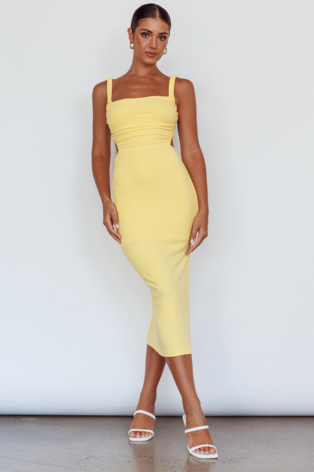 Dream Crush Lace-Up Back Side Split Midi Dress Lemon by Selfie Leslie